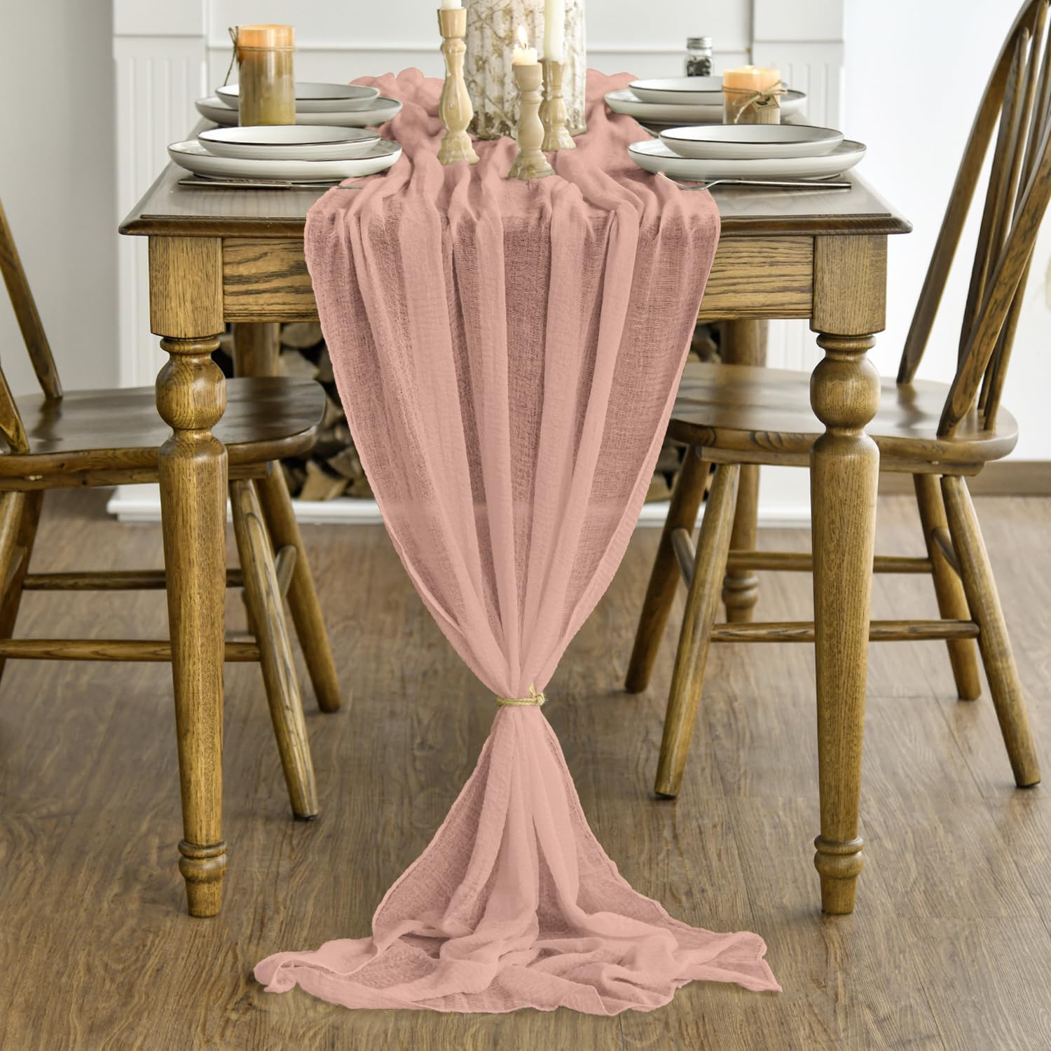 Artoid Mode - chemin de table bohème pêche, 300 cm, gaze mousseline