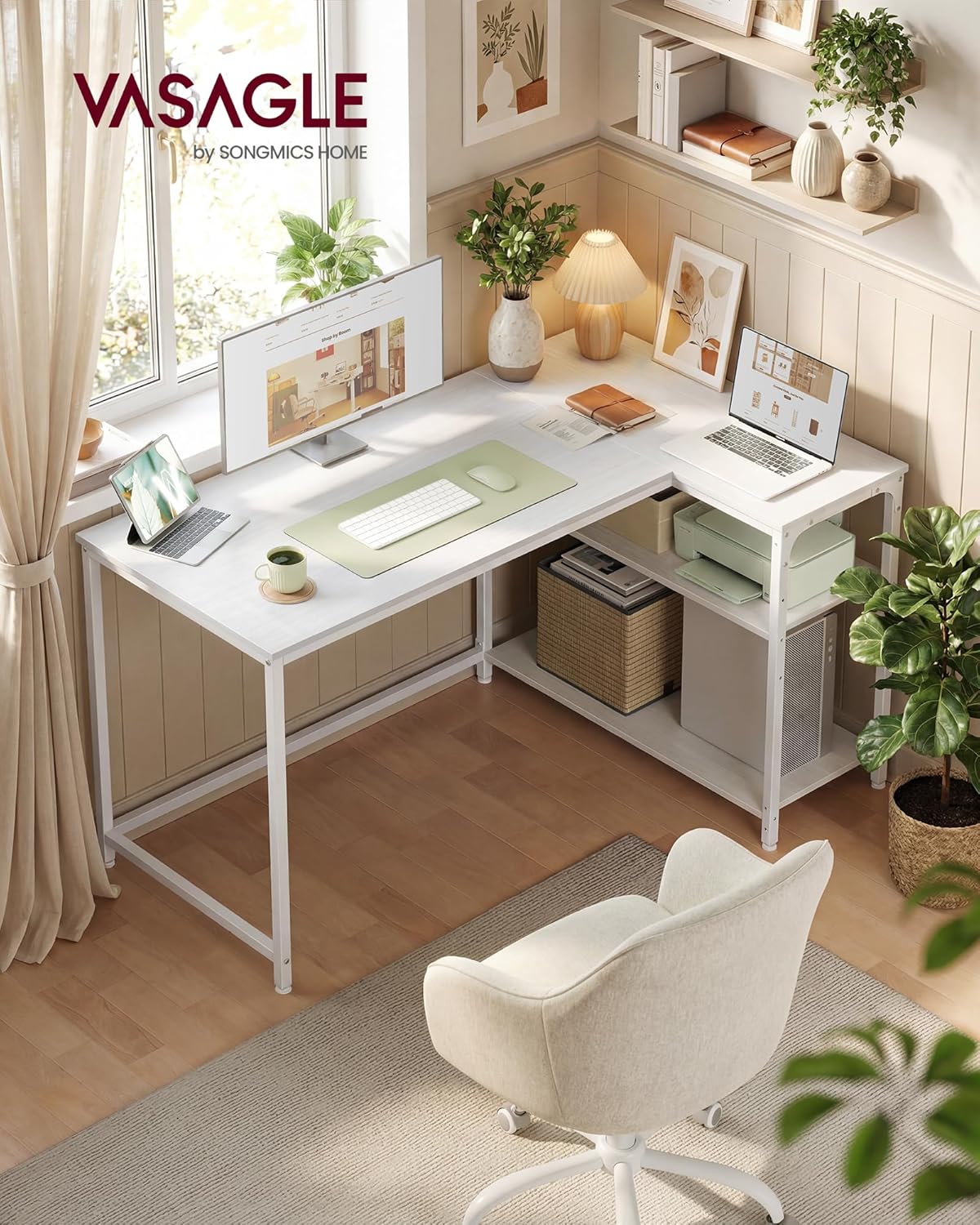 VASAGLE - bureau gaming réversible 120x80cm, étagères réglables, LWD136WF01