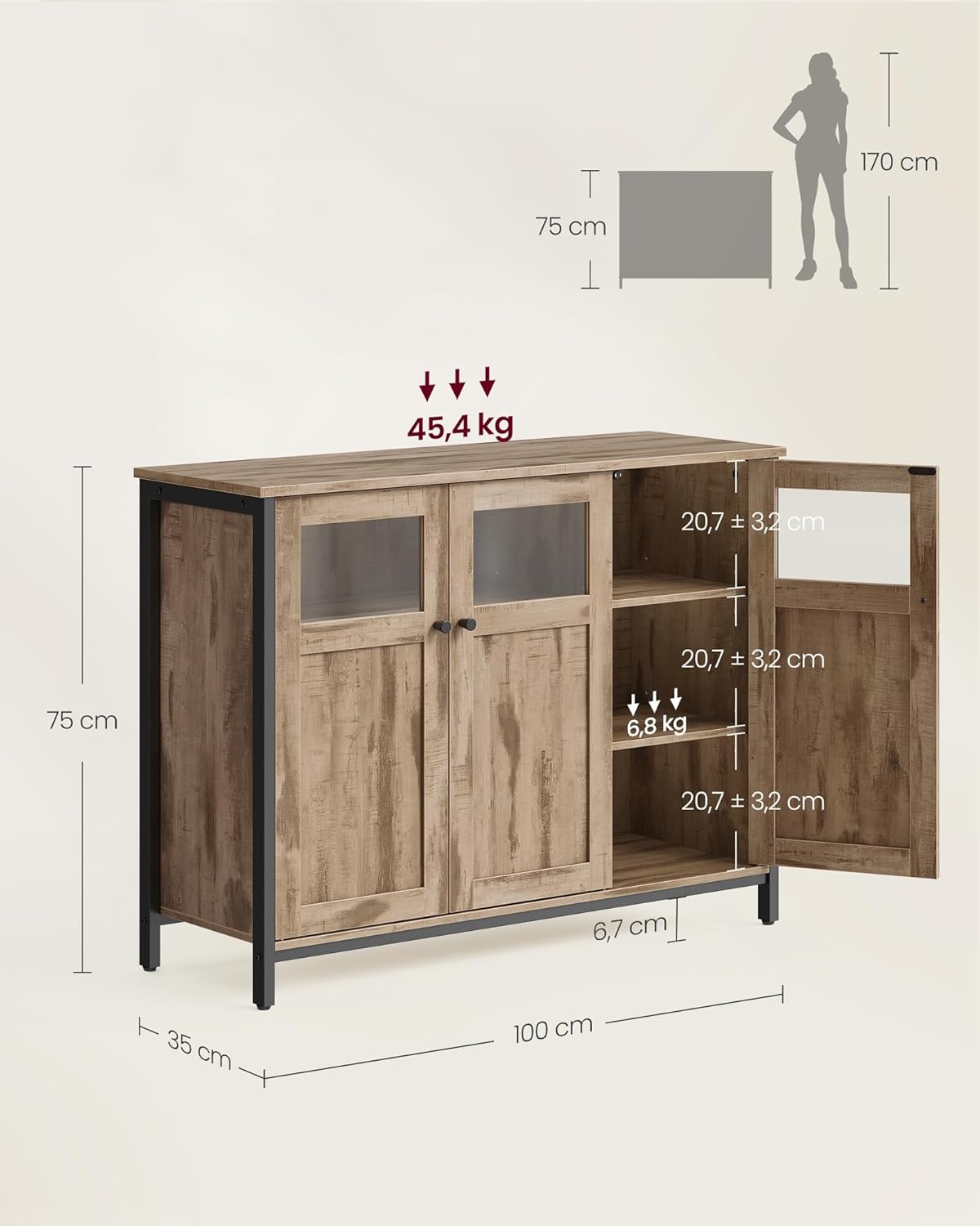 VASAGLE - buffet industriel 3 portes acier marron noir, LSC099K02