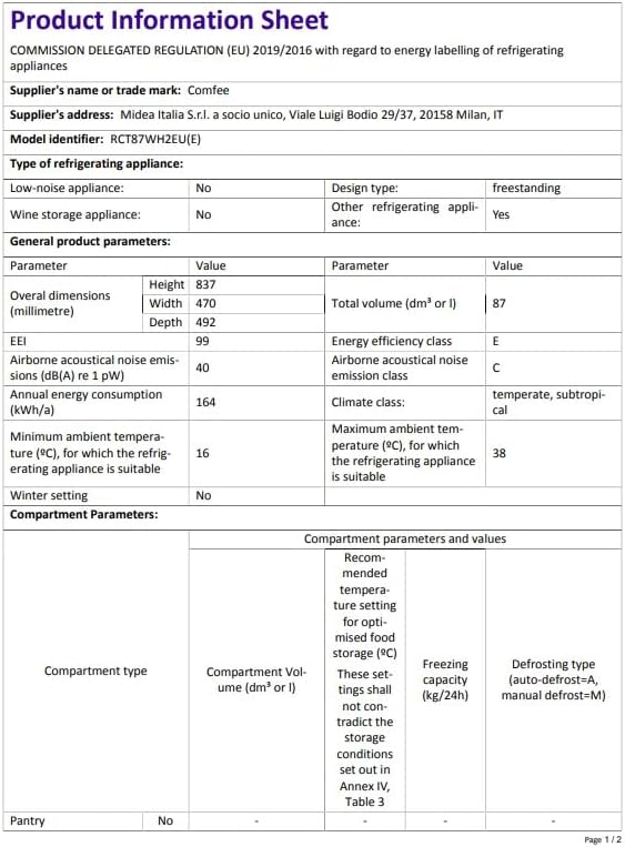COMFEE' - réfrigérateur congélateur 87L - éclairage, étagères amovibles, portes réversibles, thermostat réglable - RCT87