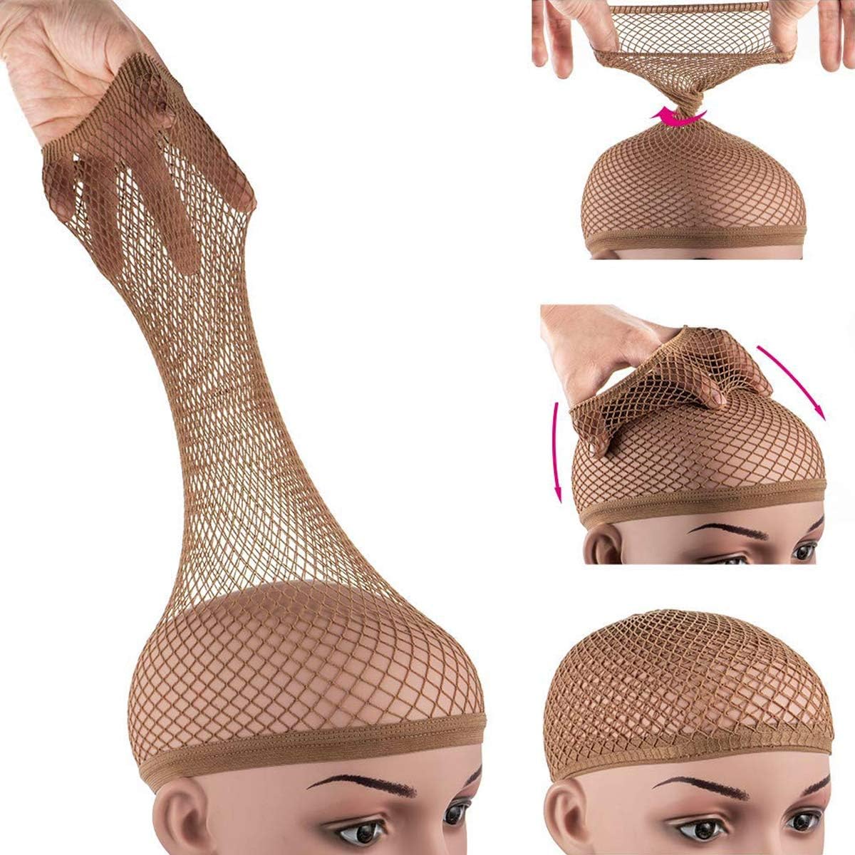Dreamlover - Bonnet de perruque en maille, long, marron, lot de 2
