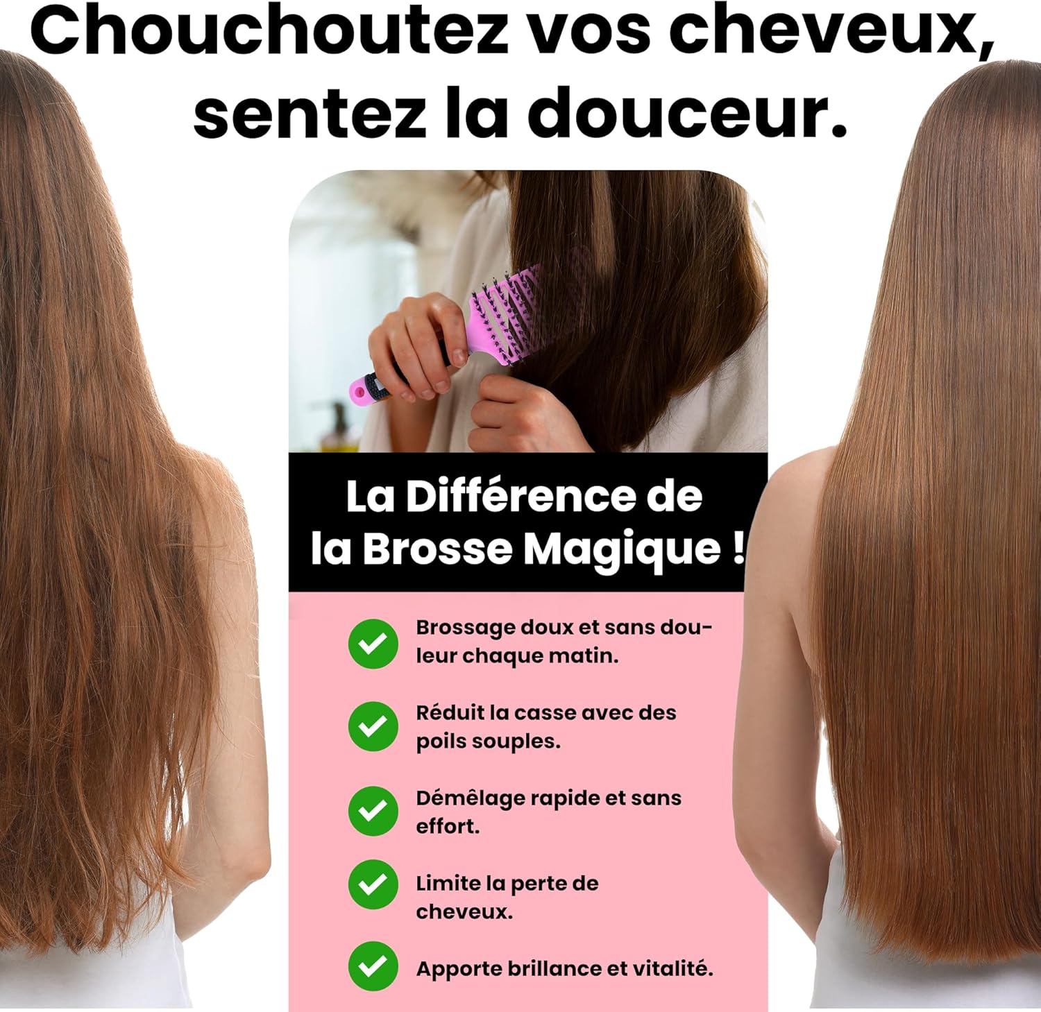 Brosse à cheveux - démêlante, poils sanglier/nylon, anti-casse, tous types, 21cm