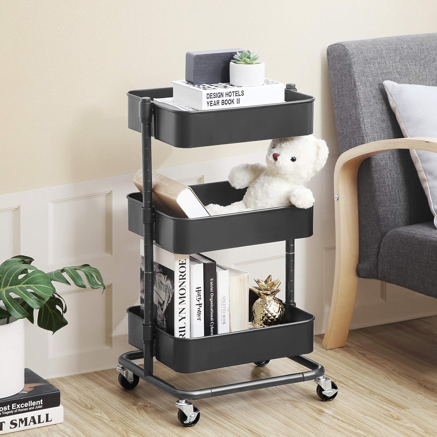 SONGMICS - Chariot 3 niveaux - hauteur réglable, freins, montage facile - BSC60GS