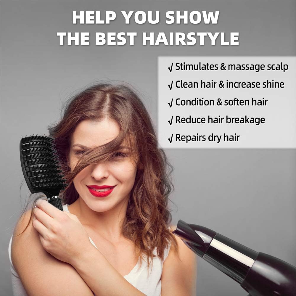 URAQT - Brosse à cheveux incurvée - poils de sanglier, séchage rapide, massage, démêlante - noire