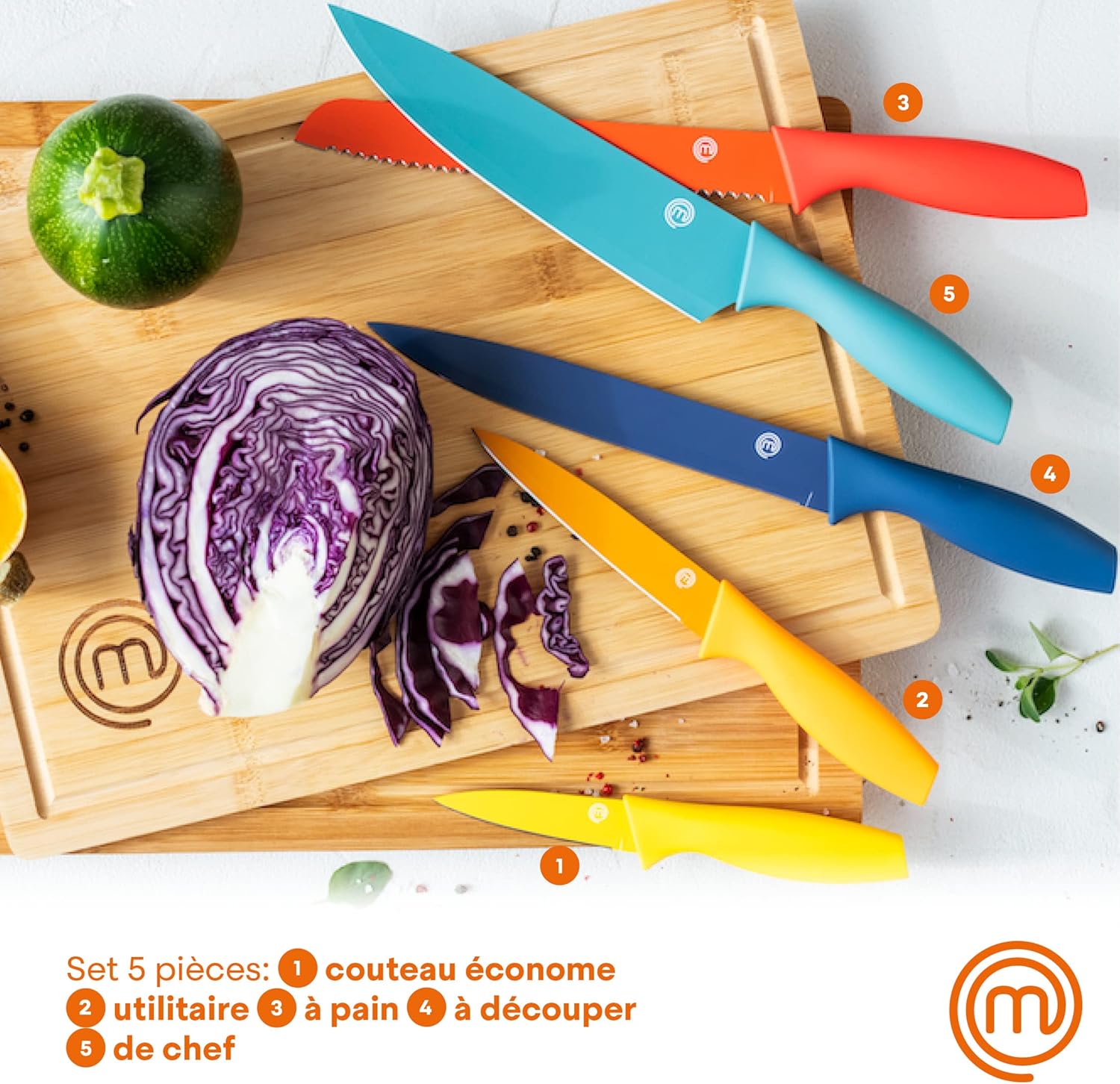 MasterChef - Set couteaux cuisine 5 pcs - inox multicolore, résistants