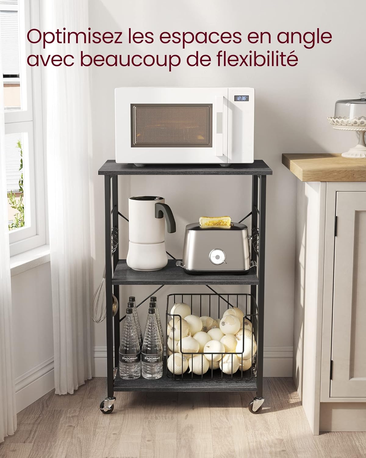 VASAGLE - étagère de cuisine, 3 niveaux, 40x60x89 cm, roulettes, 6 crochets, KKS060B42