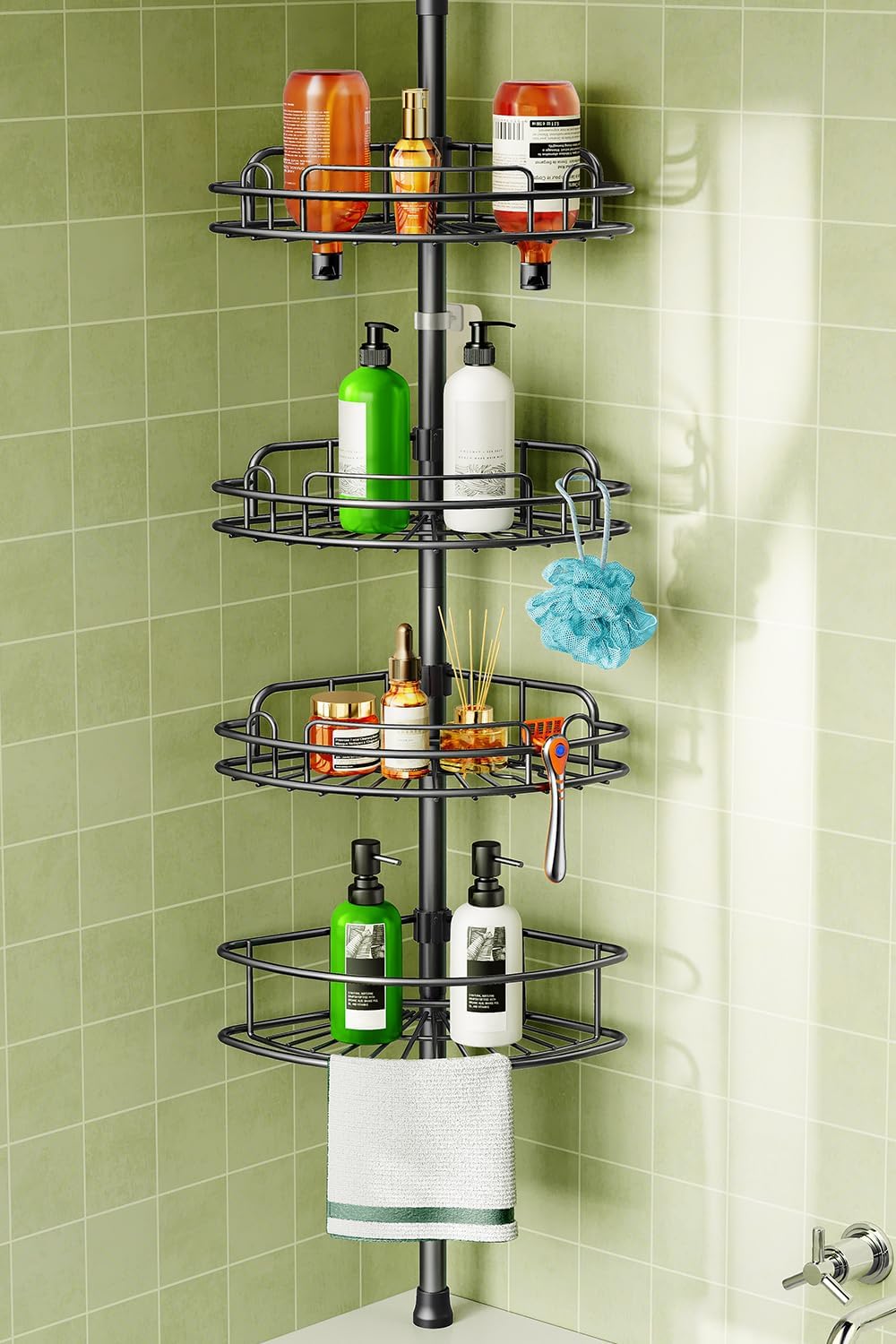 HAMITOR - étagère de douche d'angle télescopique - 121-314cm - 4 niveaux métal, sans perçage, noir