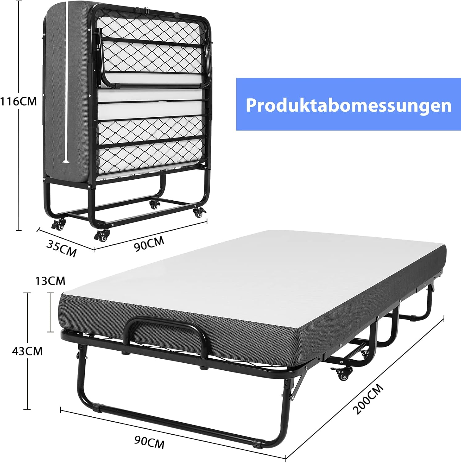 DICTAC - lit pliant 90x200 cm, matelas mémoire de forme, avec roulettes
