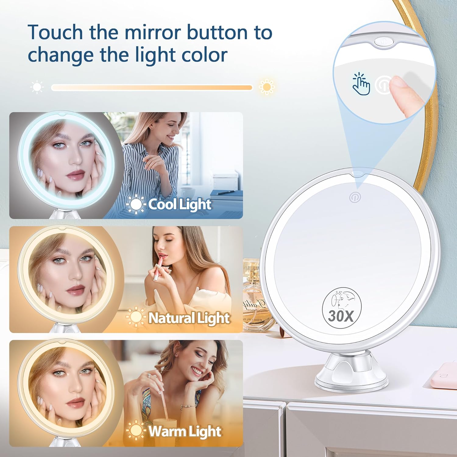 MIYADIVA - miroir lumineux série 30X - 20cm - grossissant, lumineux, ventouse
