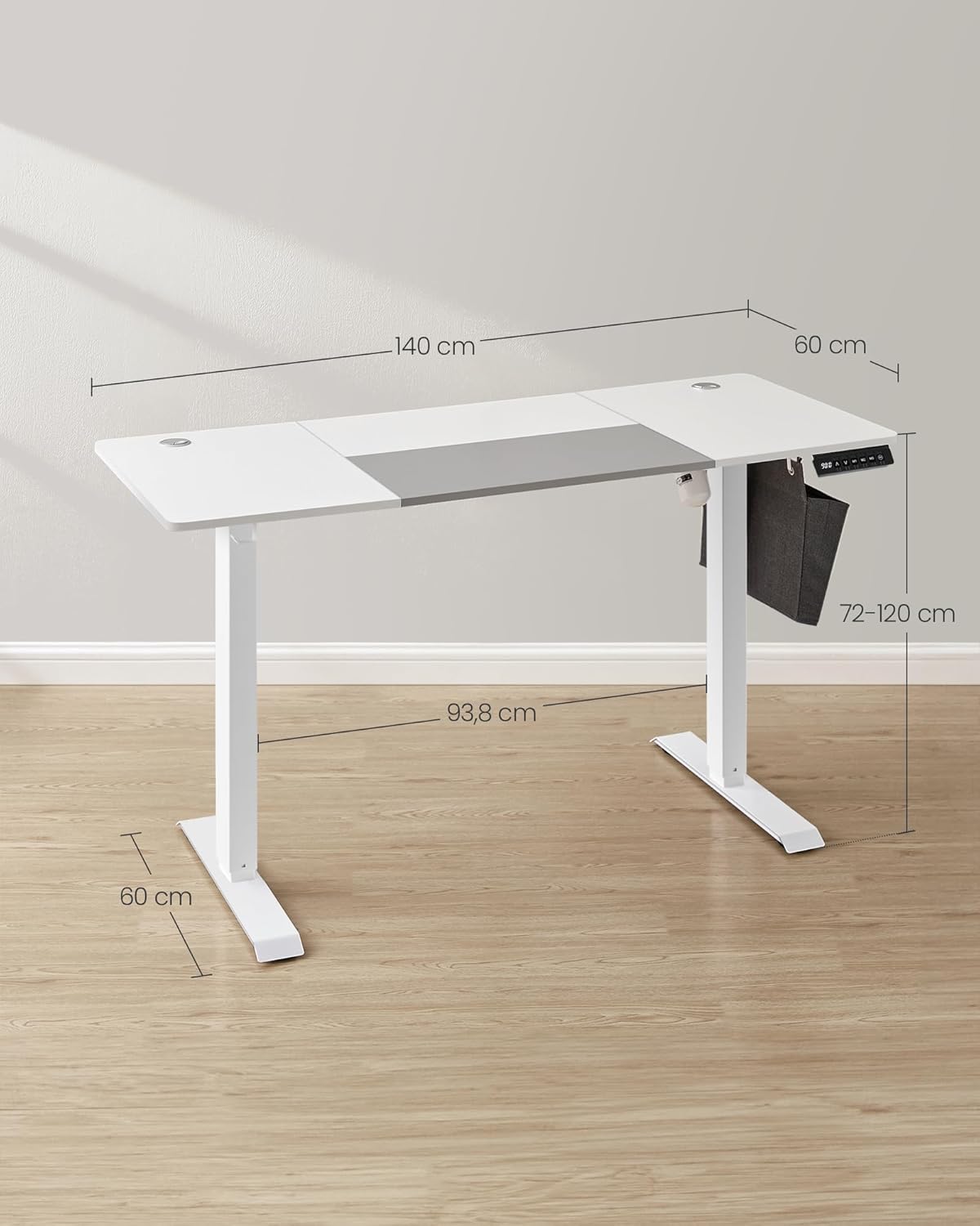 SONGMICS - Bureau électrique assis-debout - 140x60 cm - Hauteur réglable, mémoire 4 positions, blanc/gris - LSD016W02