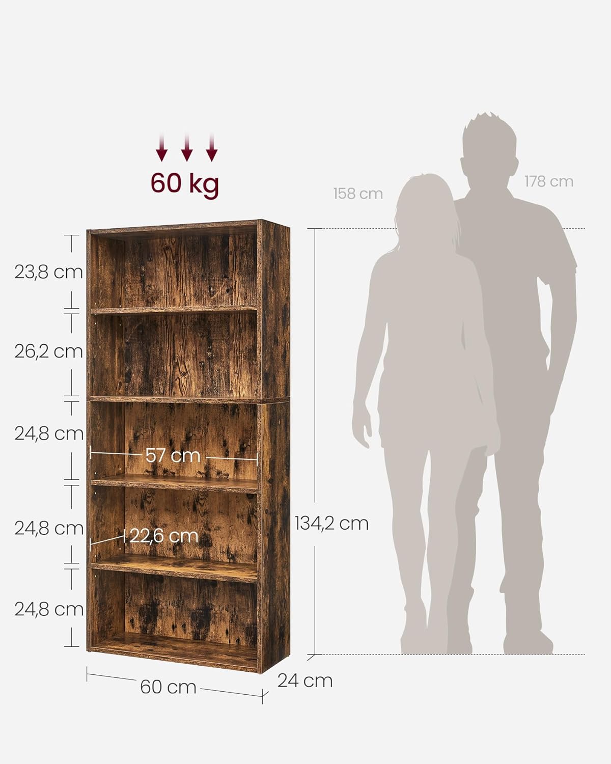 VASAGLE - Bibliothèque (LBC165X01) - 24x60x134,2 cm - 5 niveaux, marron rustique