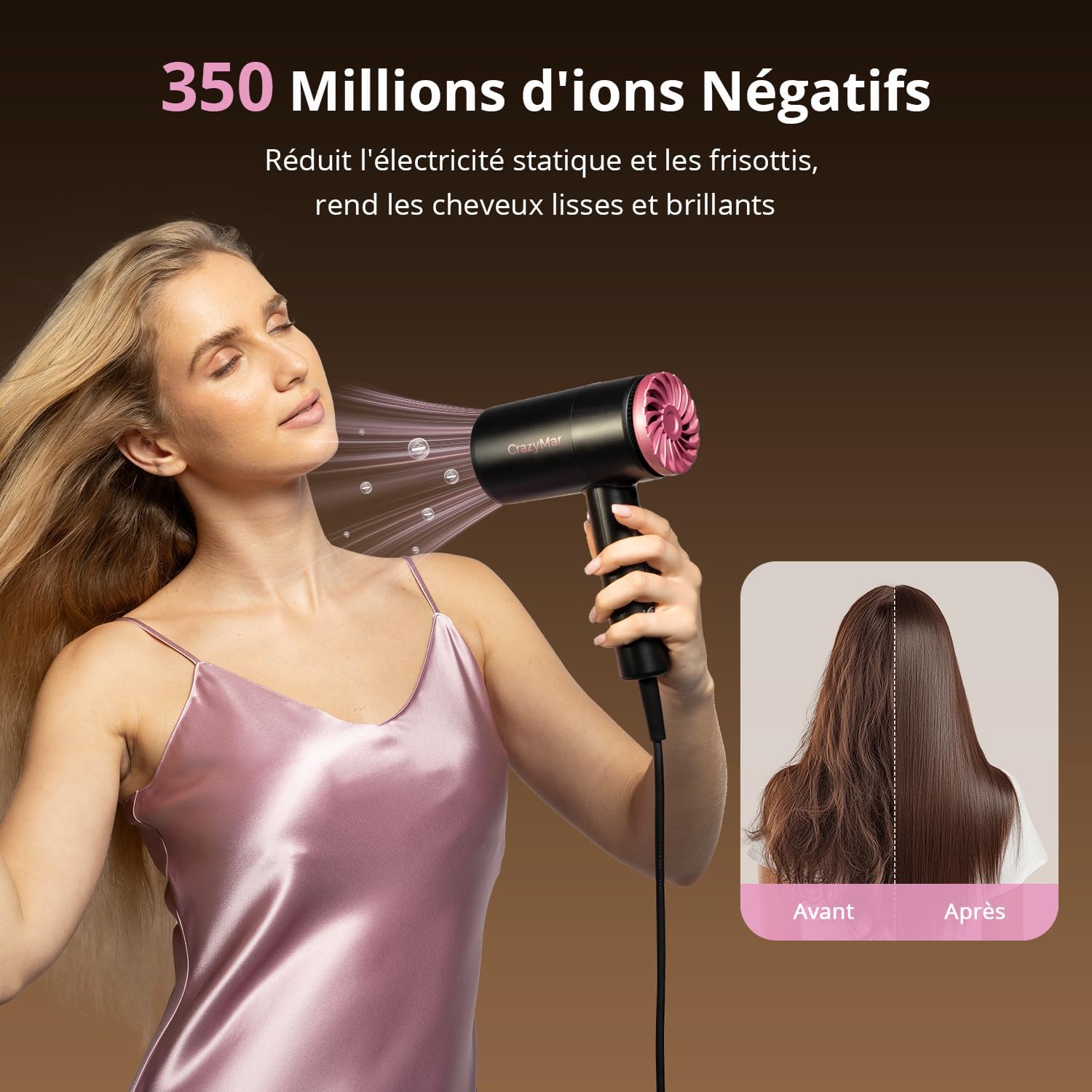 Sèche-cheveux professionnel - compact, léger, 3 vitesses, 350M ions