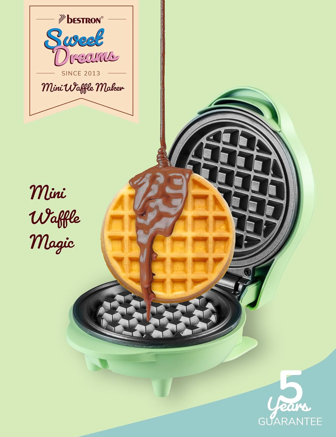 Bestron - Mini gaufrier rétro menthe mat - compact - revêtement antiadhésif