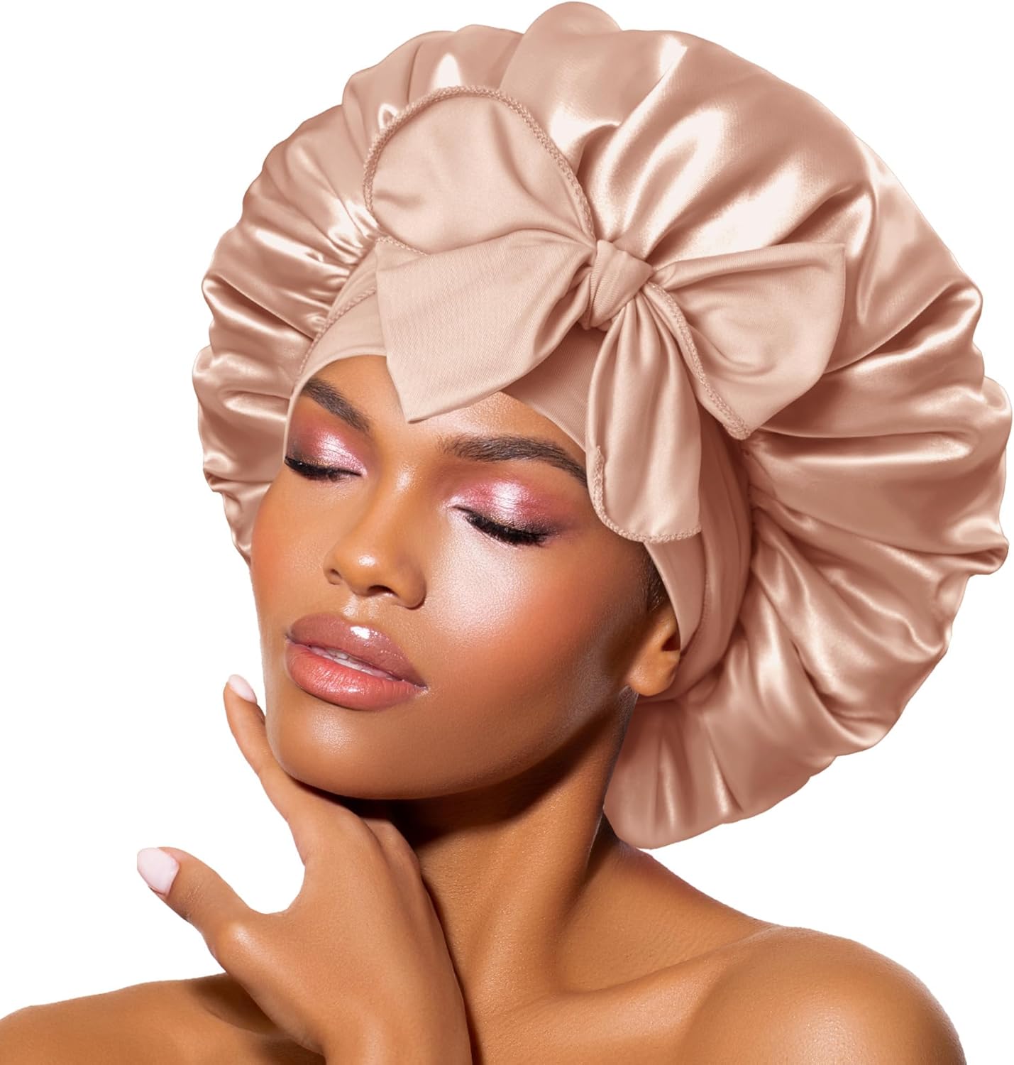 BONNET QUEEN - bonnet satin moyen - ajustable, élastique long, boucle, champagne