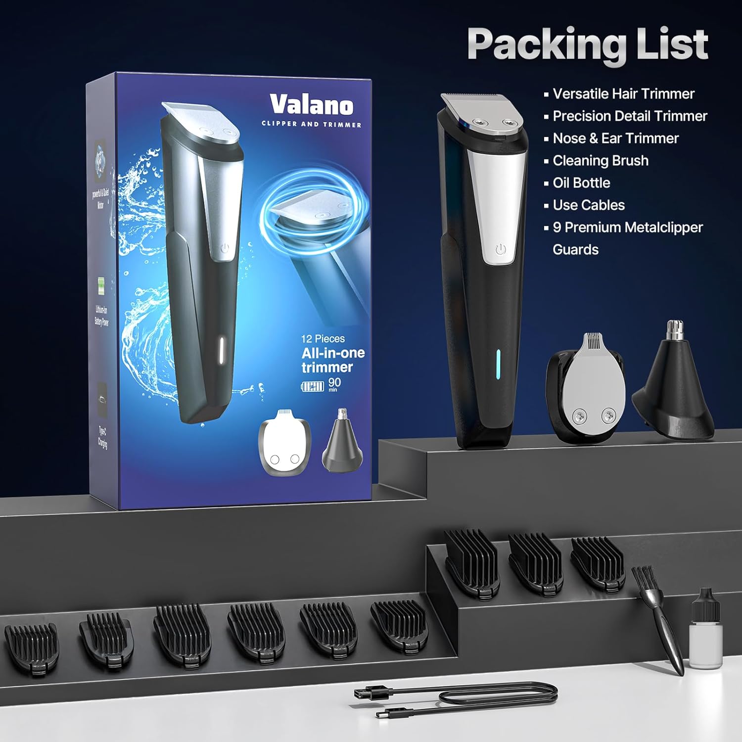 Valano - Tondeuse 3 en 1, 1-16mm, USB, 9 accessoires, barbe et nez