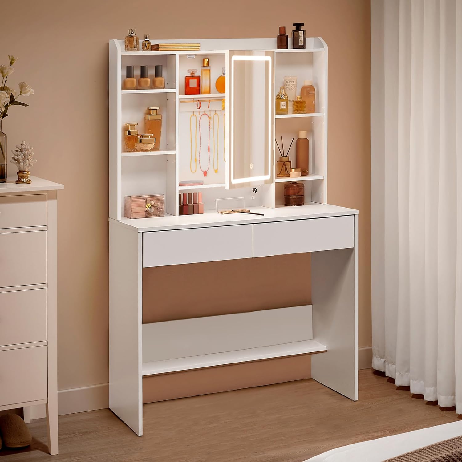 VASAGLE - Kailyn Collection - grande coiffeuse blanche, miroir LED, 2 tiroirs, étagère réglable, RDT123WB01