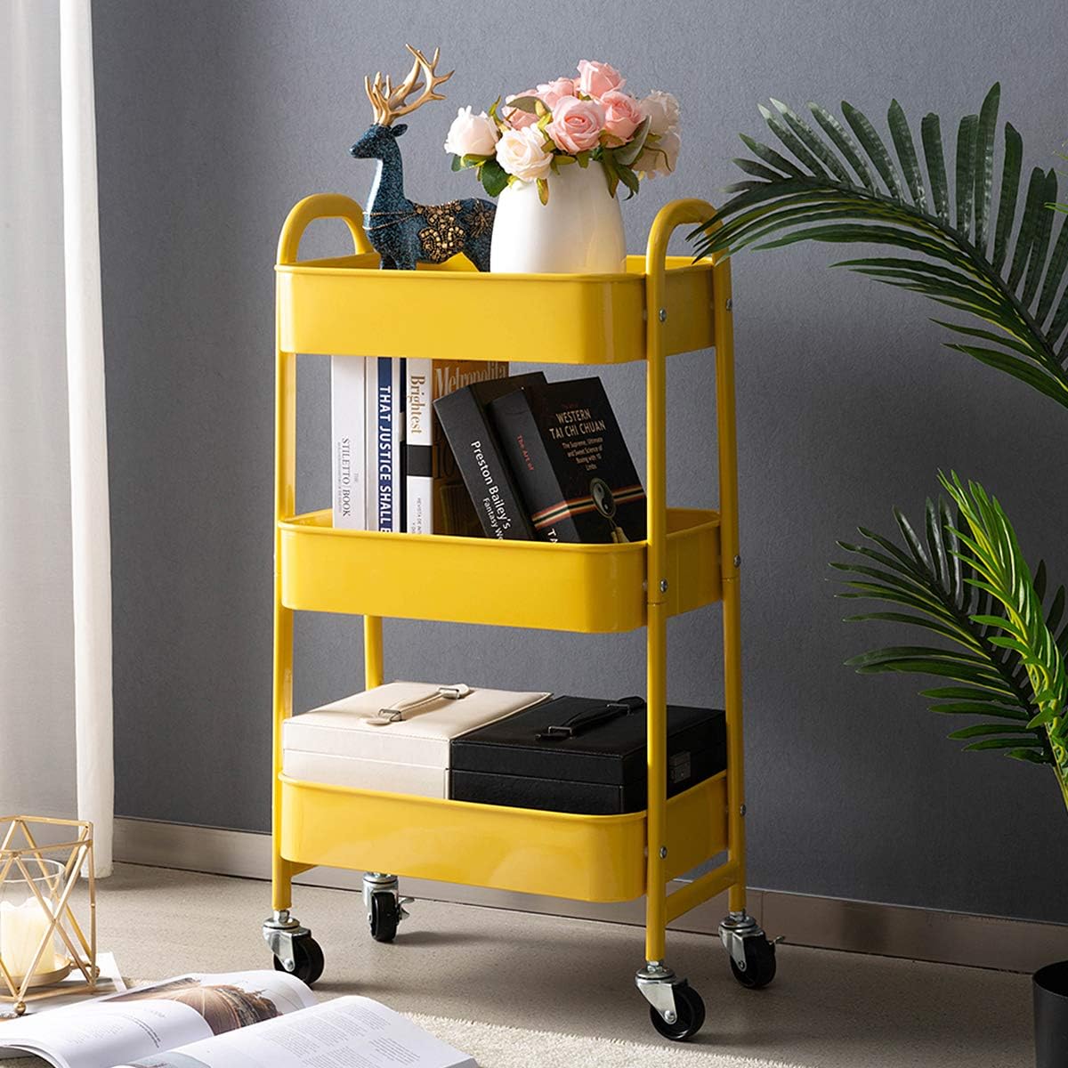 DOEWORKS - chariot de rangement métal 3 niveaux, roulettes, jaune