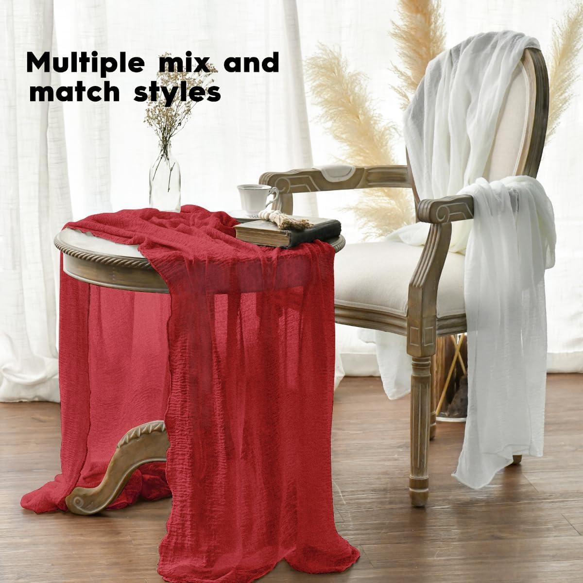 Artoid Mode - chemins de table bohême - 300 cm - mousseline rouge, lot de 6