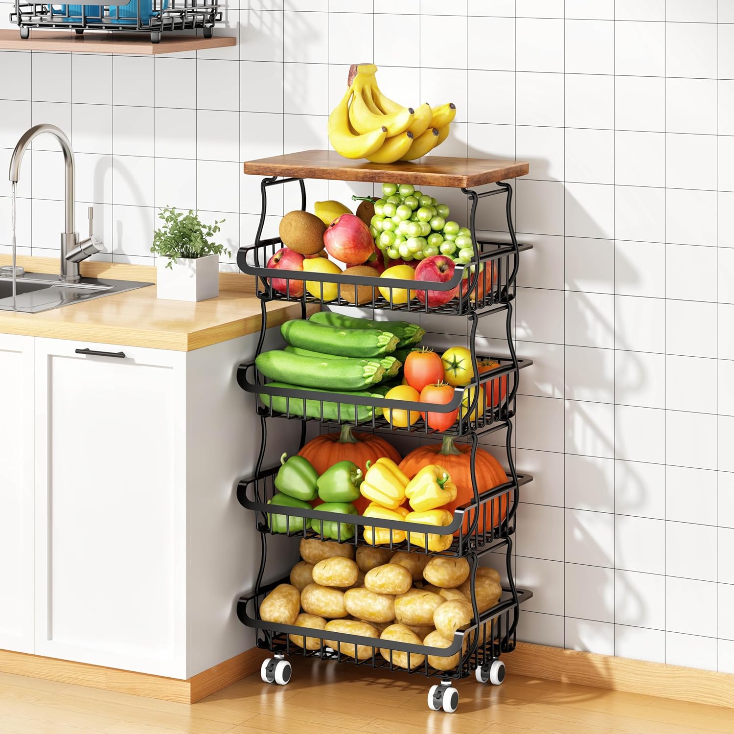 Corbeille à fruits et légumes - 5 niveaux, métal, empilable, roulettes, rangement cuisine