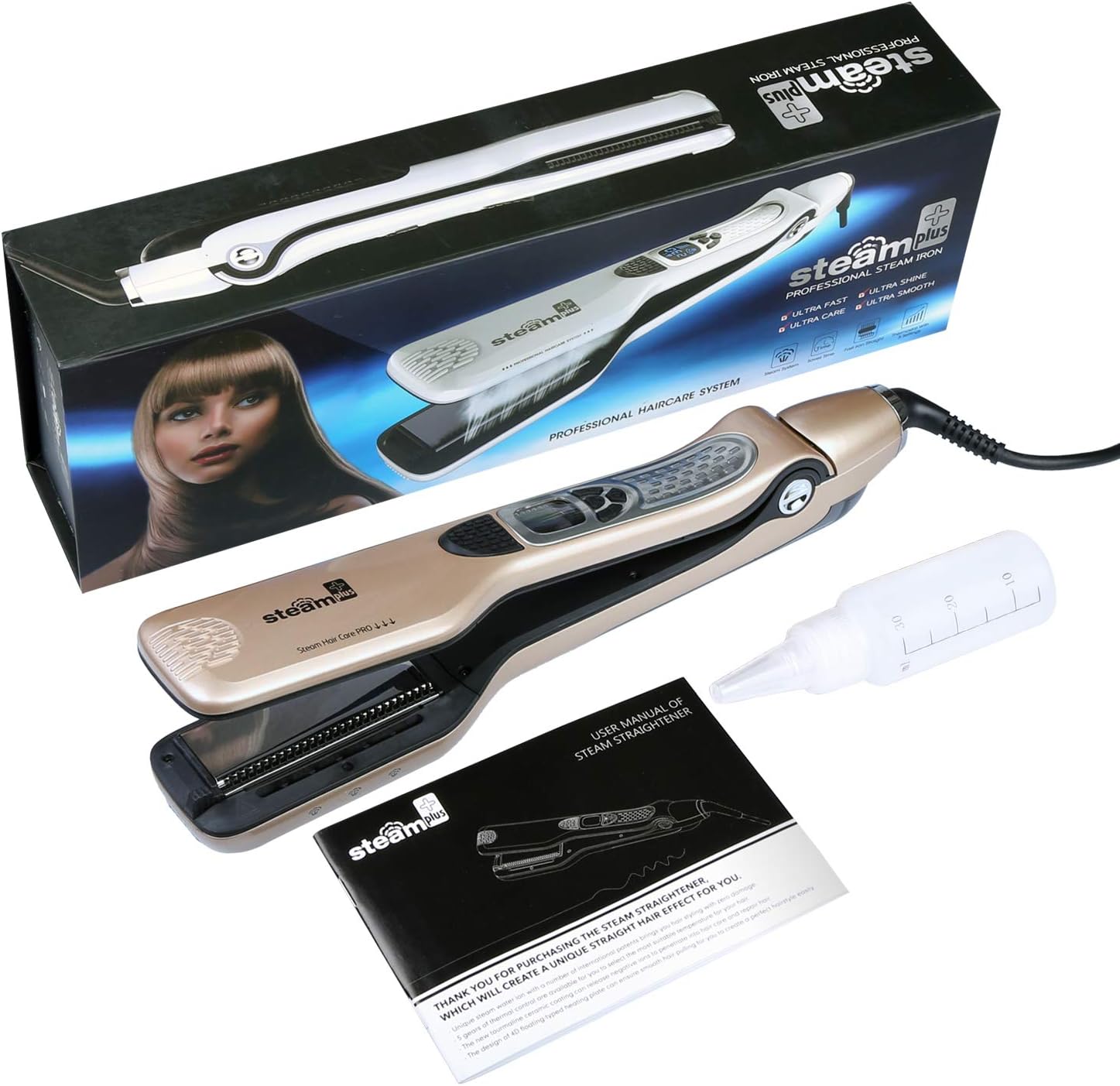 Fer à lisser professionnel - 5 trous vapeur, peigne intégré, anti-brûlure, verrouillage auto, dimensions compactes