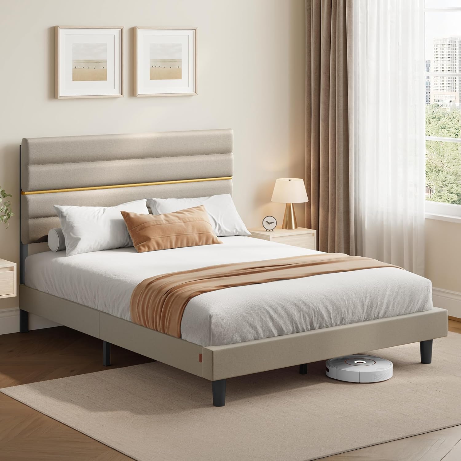 VASAGLE - lit double moderne - 160x200 cm - tête rembourrée ajustable métal bois massif - RMB505LH01