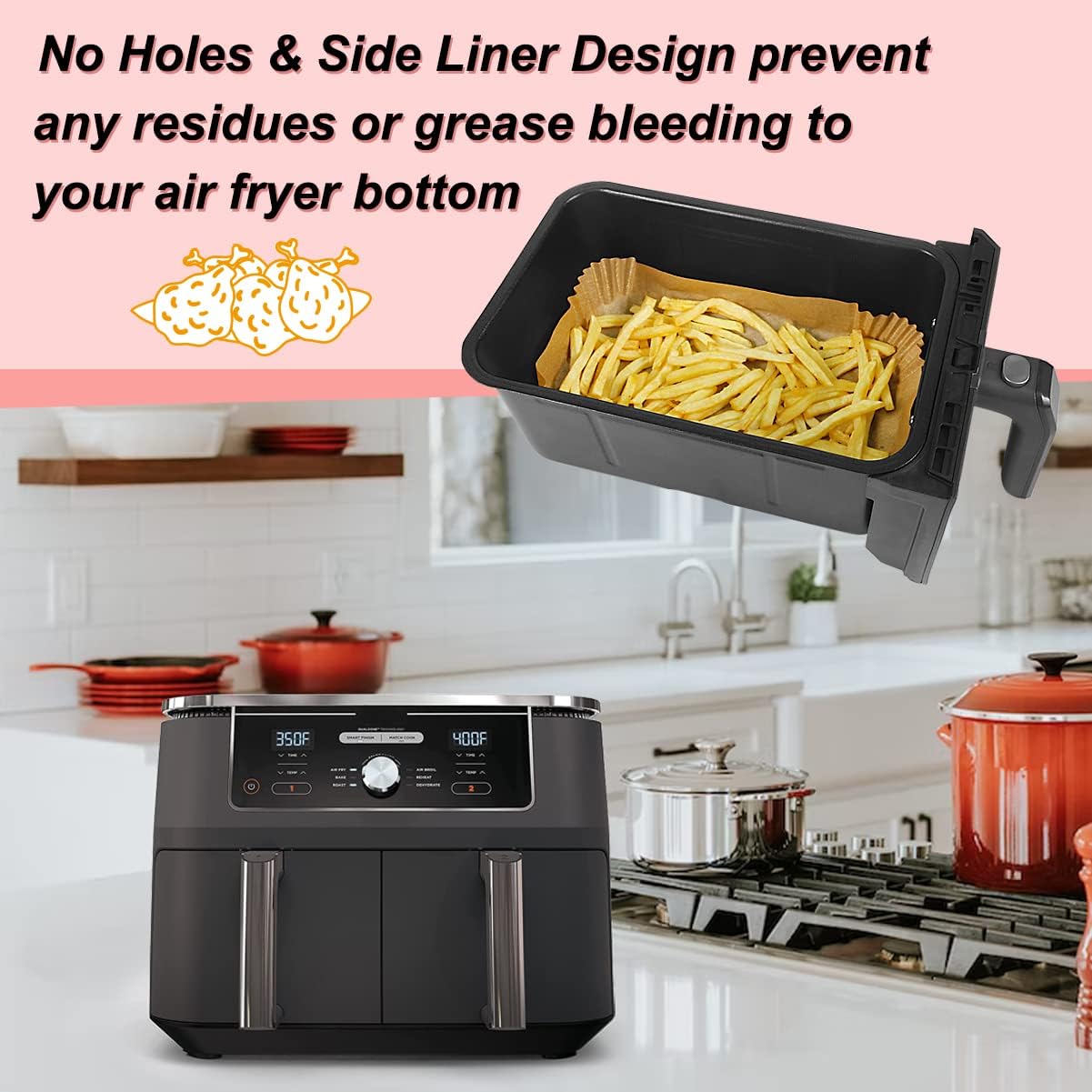 BYKITCHEN - papier cuisson air fryer - 150 pièces, 9,5L/7,6L, accessoire compatible grande capacité, AF300EU/AF400EU/SL4