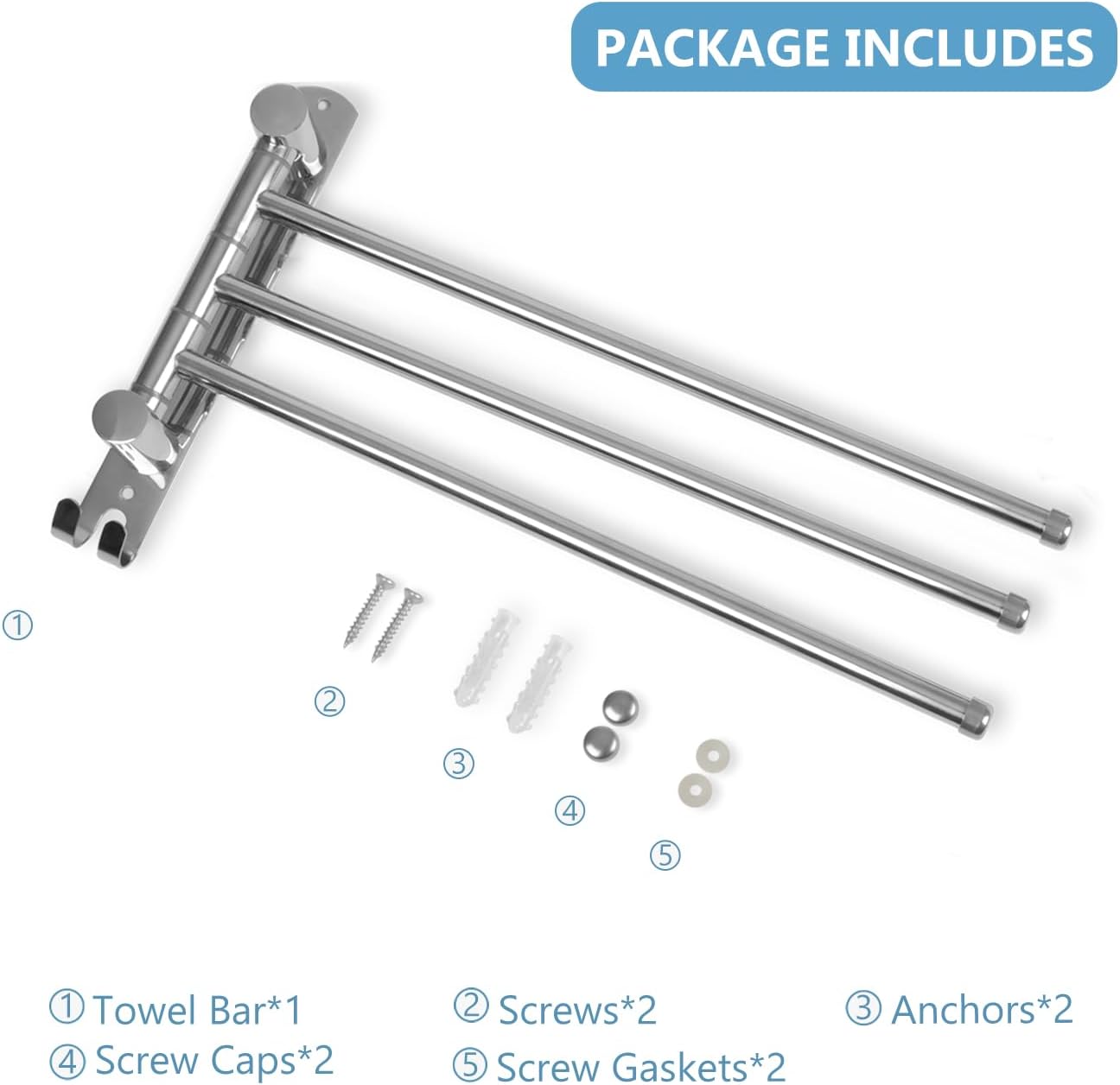 JSVER - Porte-serviettes 3 barres 180° inox 40cm - gain de place