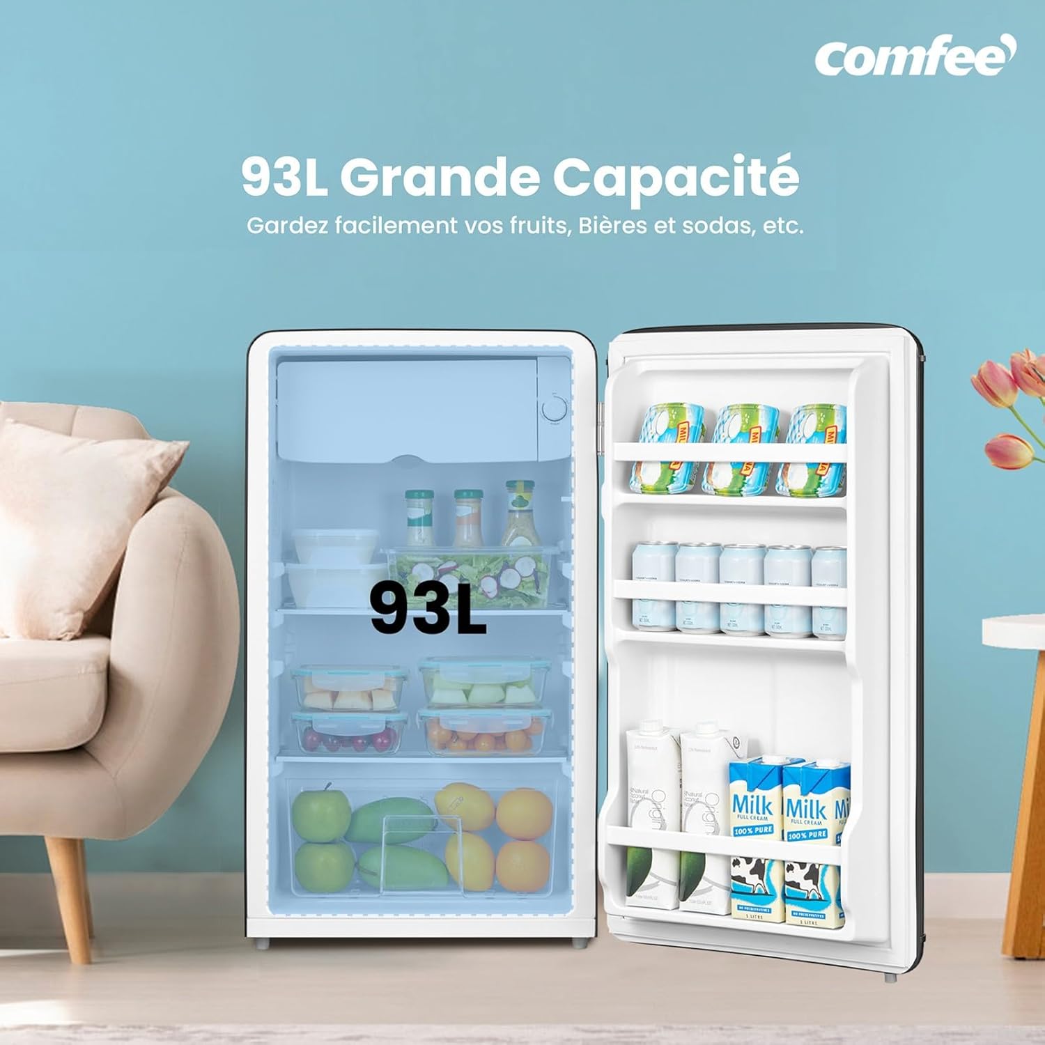 Comfee' - réfrigérateur rétro 93L - sous-plan, LED, thermostat - RCD93BL2EURT(E)