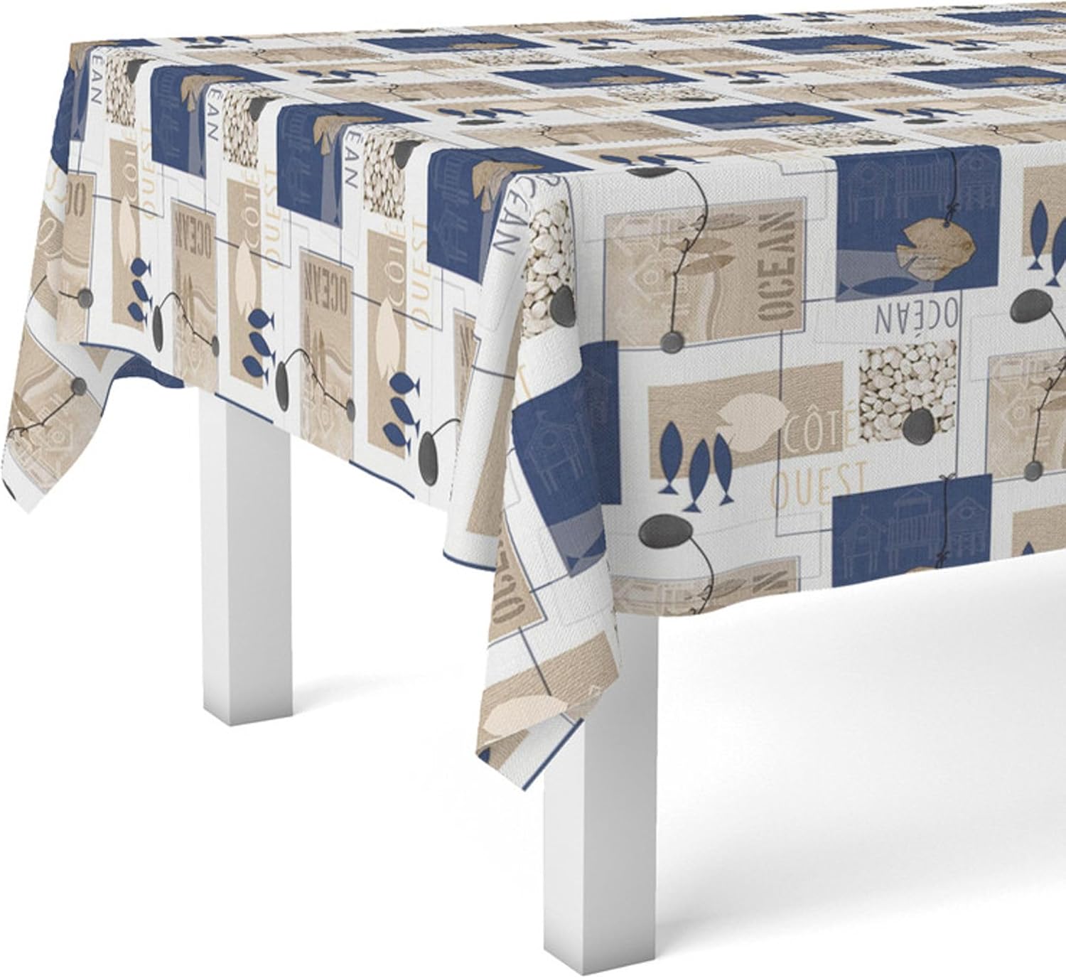 Nappe en toile cirée - rectangulaire 200x140cm - anti-taches, imperméable, entretien facile, Ocean Bleu