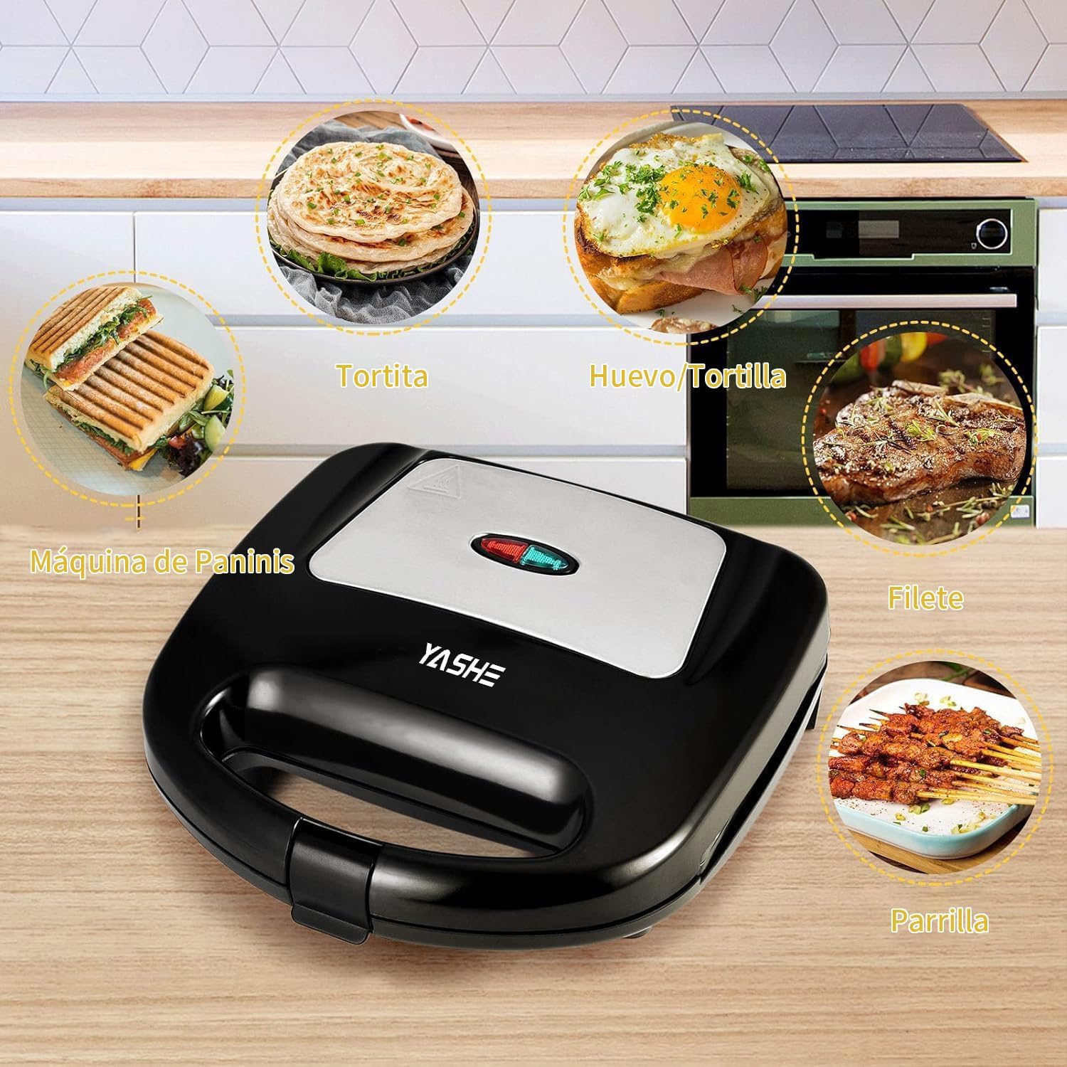 YASHE - Grill Panini 750W - plaques antiadhésives, poignée froide