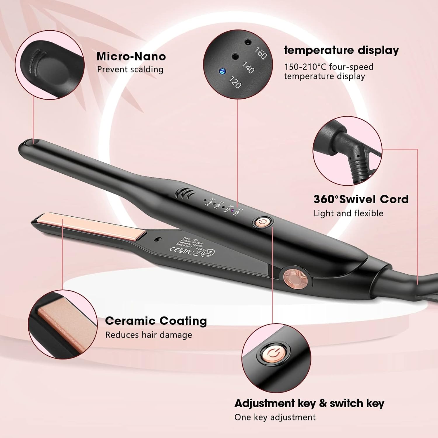 HyAdierTech - Mini lisseur 2 en 1 - compact - céramique, double tension