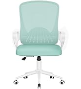 Chaise de bureau vert menthe avec dossier en maille, structure et accoudoirs blancs, mécanisme réglable en hauteur et roulettes.