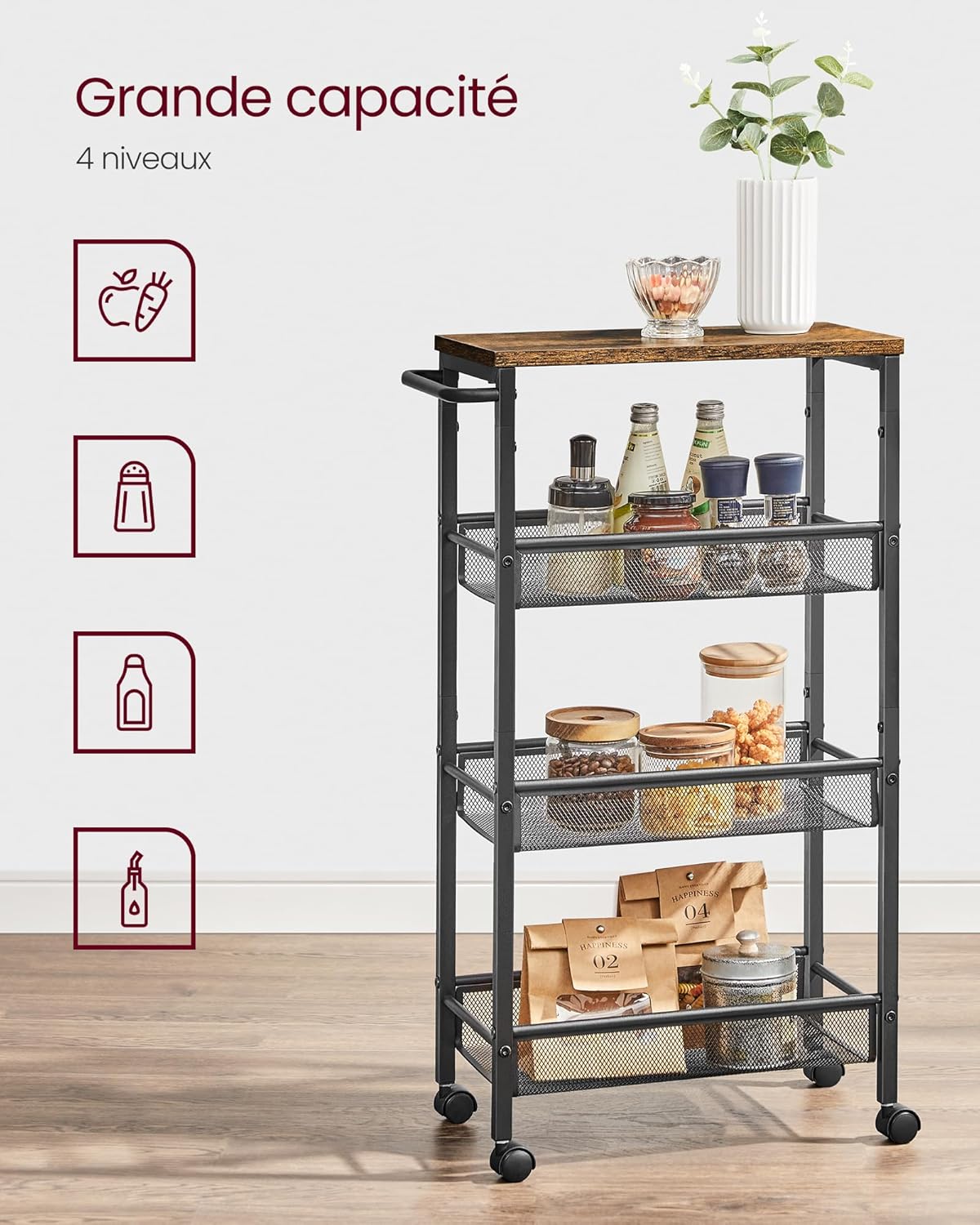 VASAGLE - desserte 4 niveaux - 22x45,4x77cm - acier, roulettes, poignée, LRC033B01