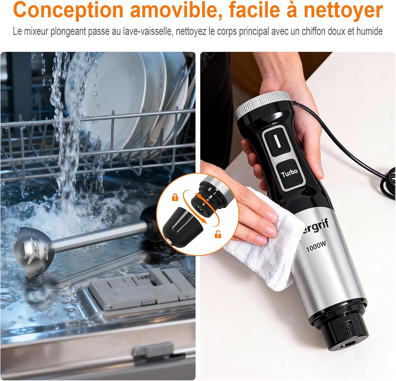 Ibergrif - Mixeur Plongeant 1000W - inox - vitesse réglable, turbo