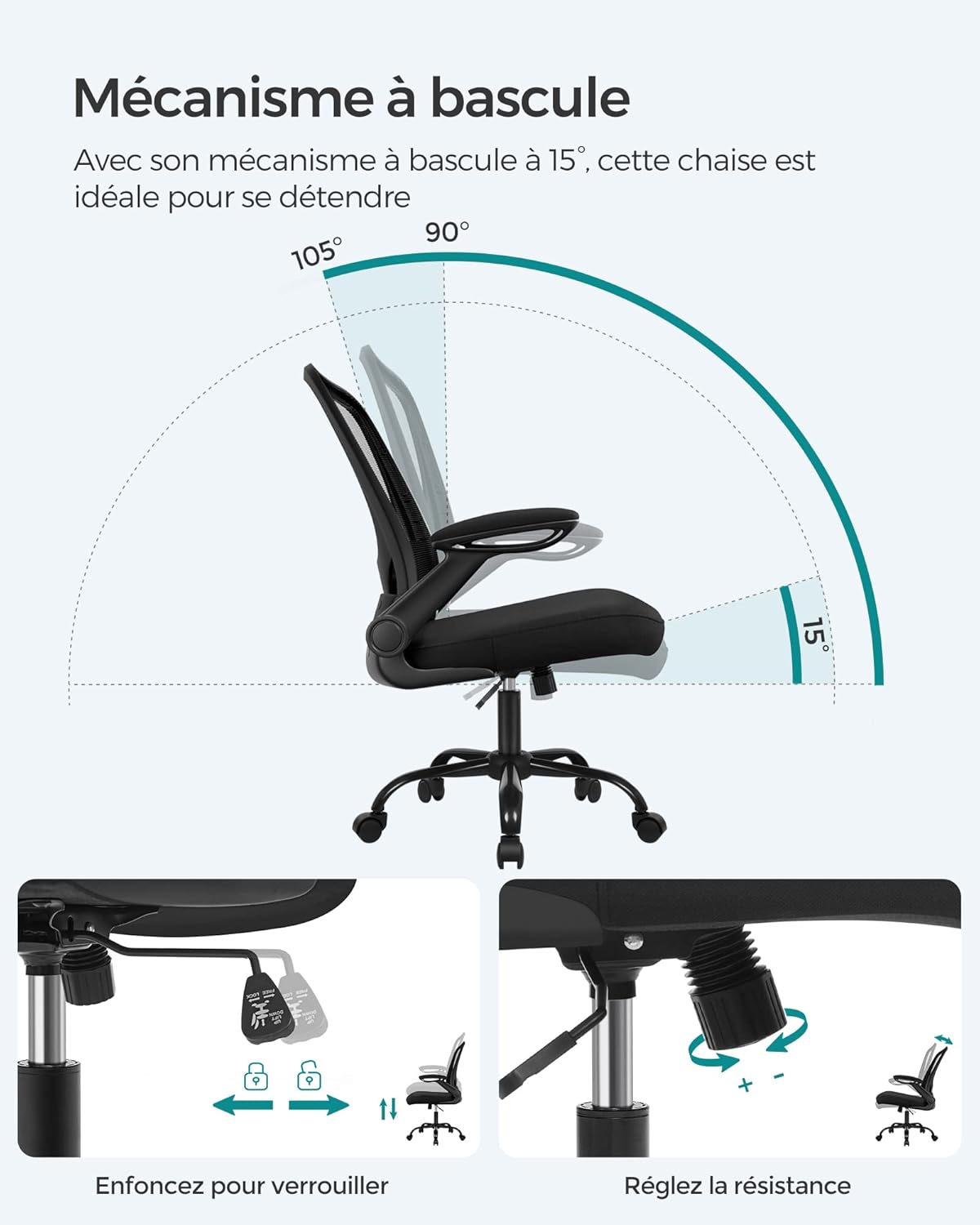 SONGMICS - chaise bureau ergonomique - 53 cm - tissu maille, support lombaire, accoudoirs rabattables OBN37BK