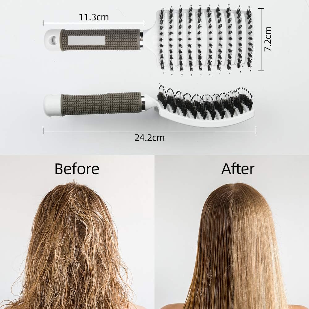 URAQT - Brosse à cheveux incurvée - démêlante, poils sanglier, blanche
