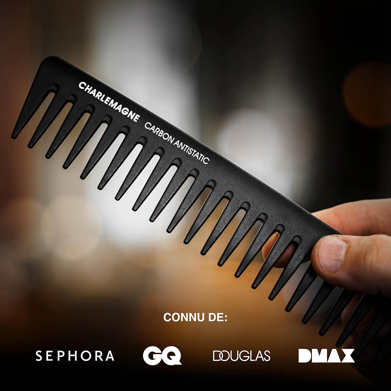 Peigne cheveux avec dents larges de Charlemagne - En carbone premium pour cheveux et barbe - Résistant et antistatique - 19cm - Pour hommes