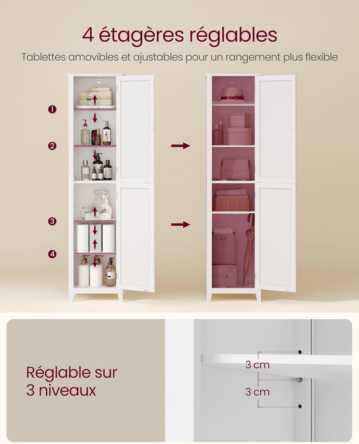 VASAGLE - Armoire salle de bain, miroir, étagères, 30x40x160cm BBC764WH01
