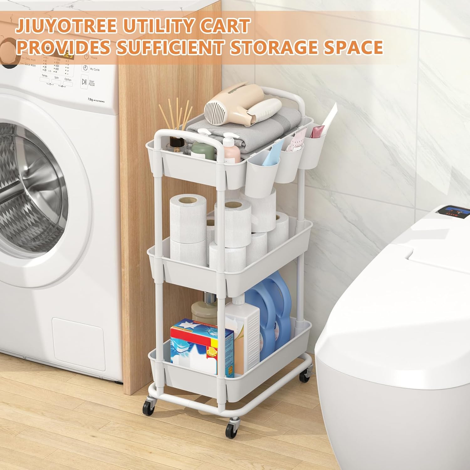 JIUYOTREE - chariot 3 niveaux, roulettes verrouillables, blanc, rangement compact