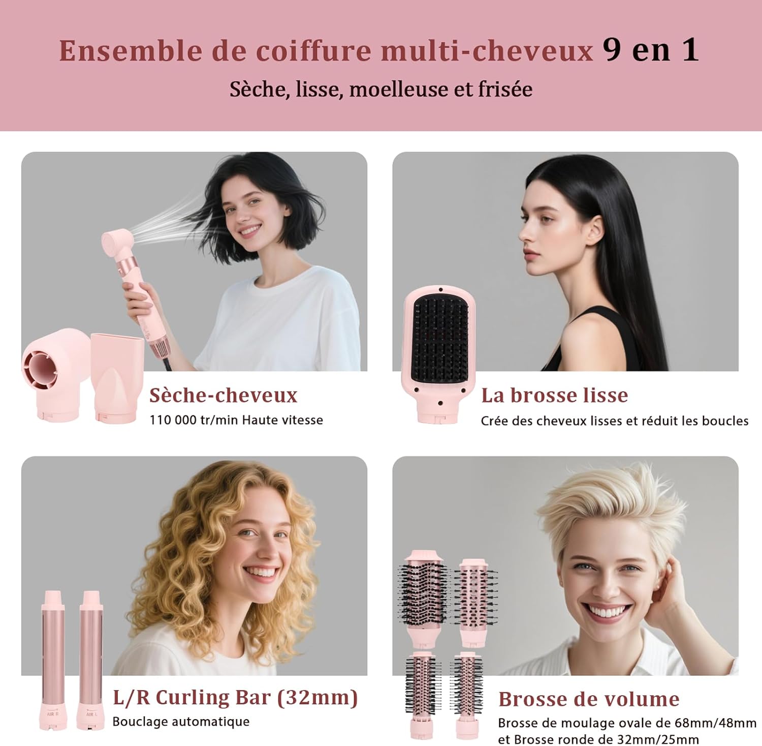 AraSyelon - Styler Multifonction 9 en 1 - 25/32/48/68mm - Séchoir pro, boucleur auto, ionique, 110000 tr/min