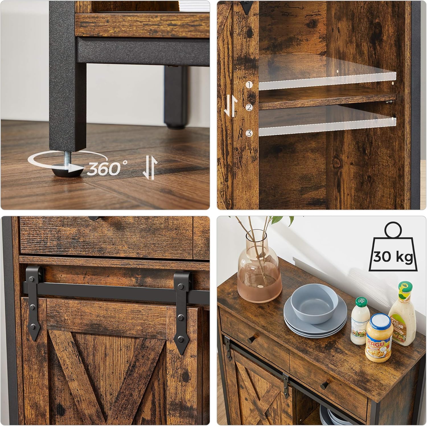 VASAGLE - Buffet style campagnard, 30x70x80cm, porte coulissante, LSC100B01