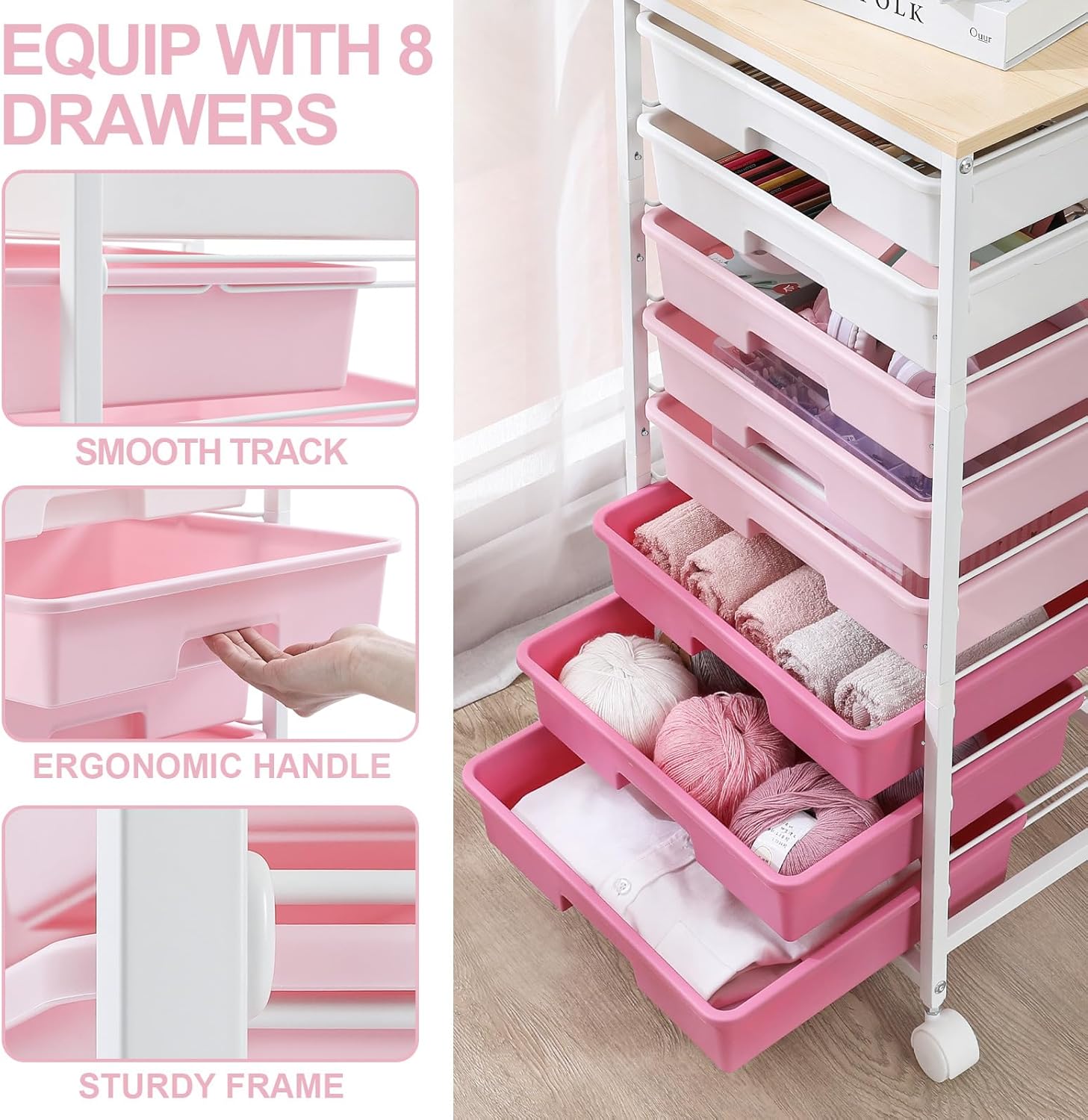 Chariot de Salle de Bain - 8 tiroirs, roulettes, plateau bois, rose, grande capacité