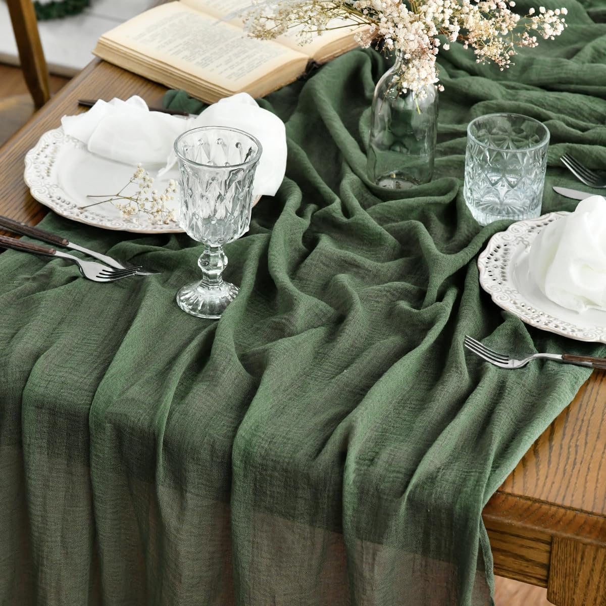 Artoid Mode - chemins de table bohème - 300 cm - gaze mousseline vert forêt, décoration mariage anniversaire