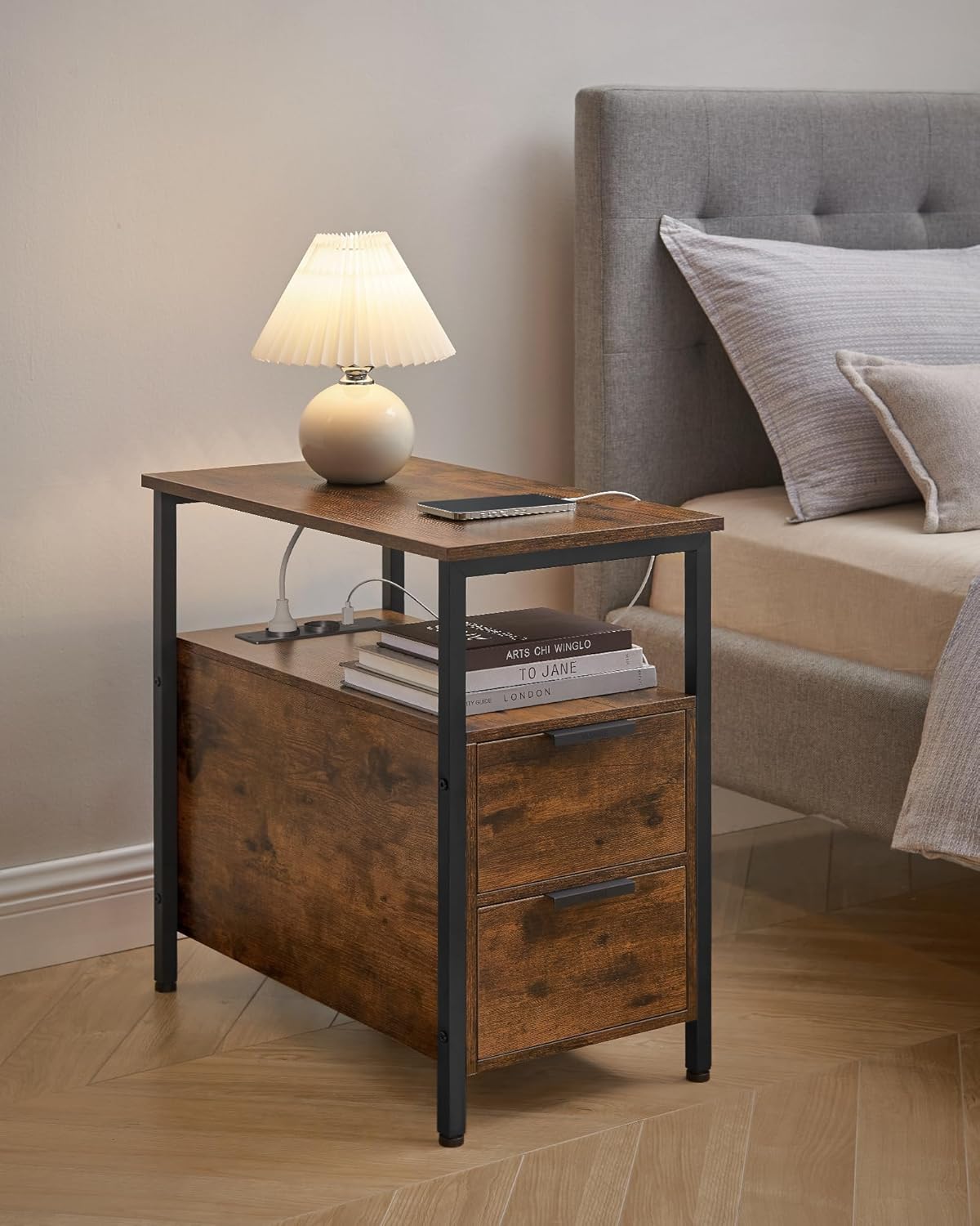 VASAGLE - table d'appoint 2 tiroirs, multiprise, rangement, 35x30x70cm - LET325B01