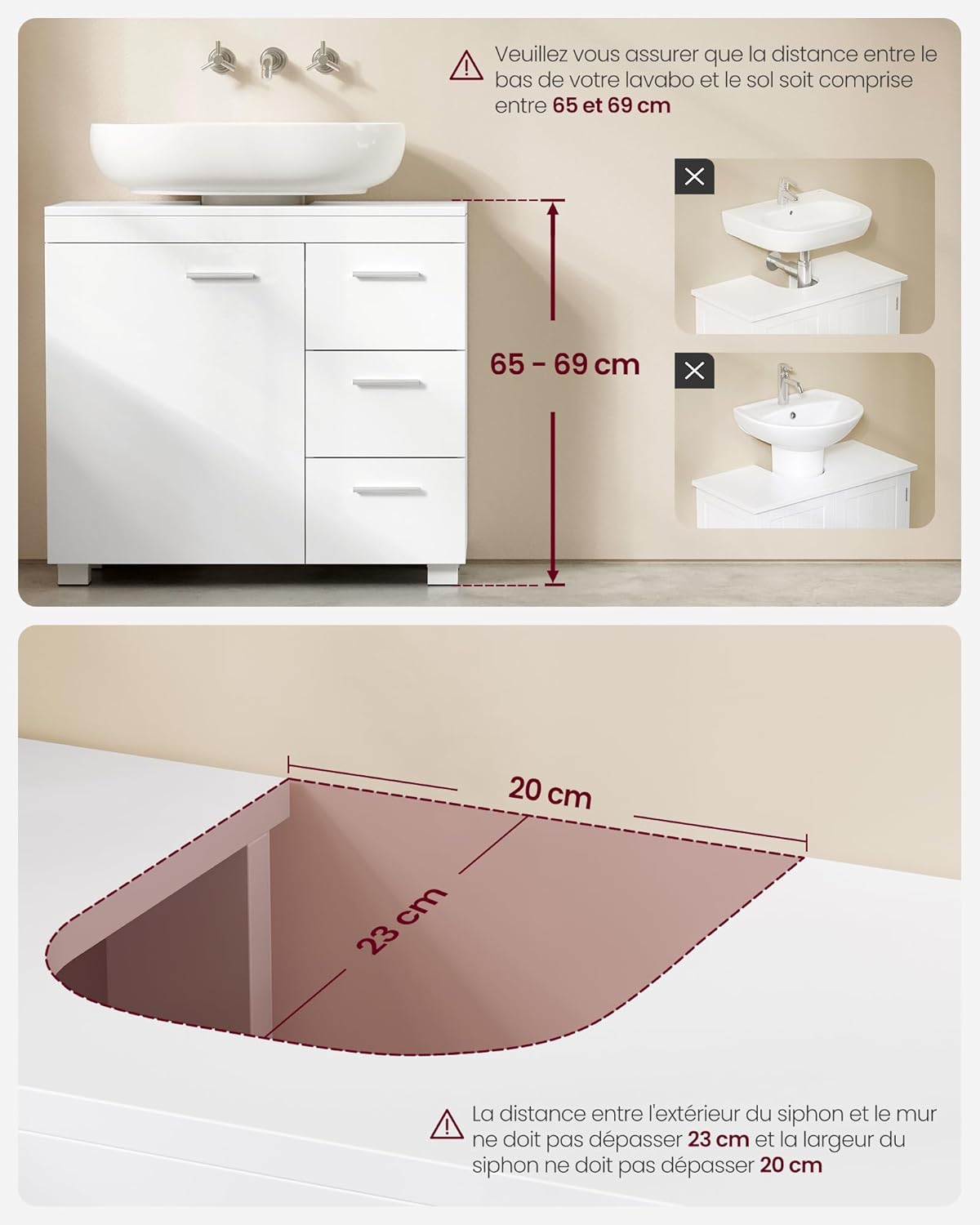VASAGLE - meuble sous lavabo 70x30x64 cm, 3 tiroirs, blanc, BBK504W01