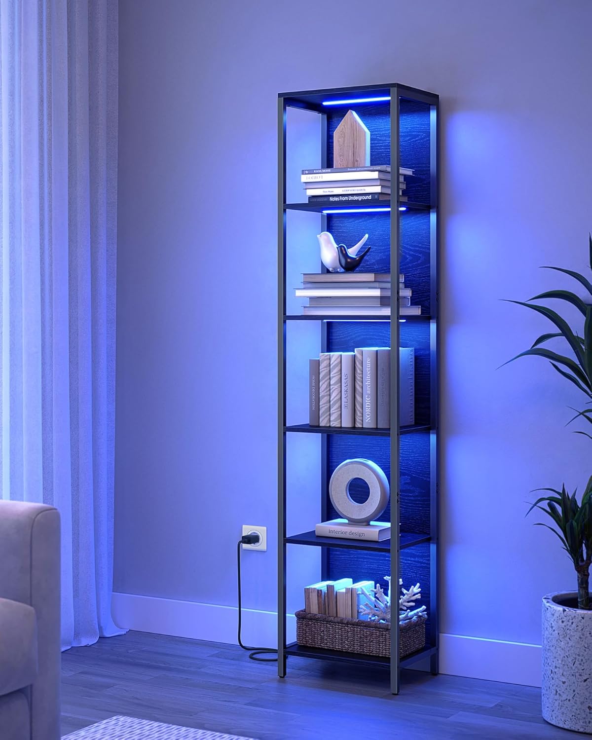 VASAGLE - bibliothèque 6 niveaux, LED réglable, acier, 30,3x40x178,6 cm, LLS121B57