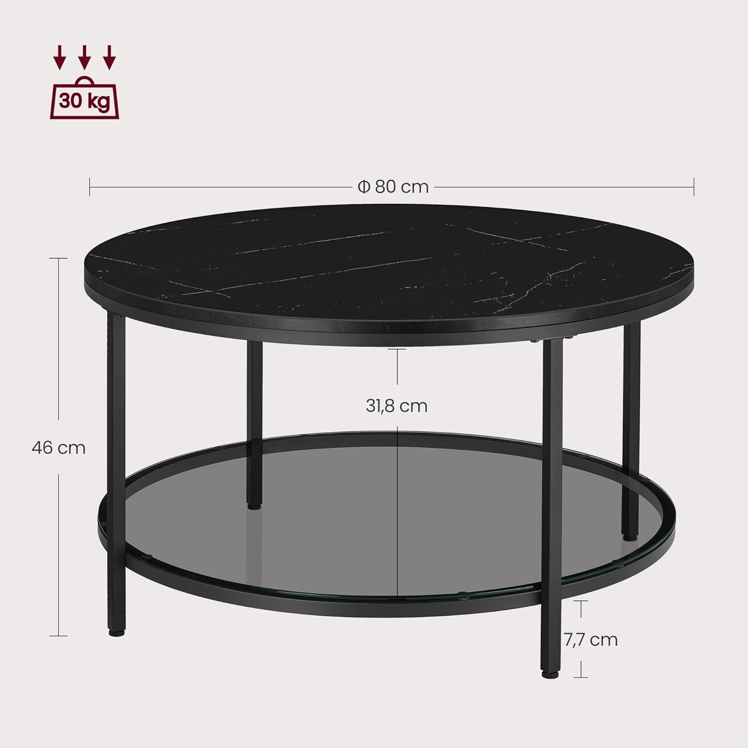 VASAGLE - table basse marbre, verre trempé, montage facile, LCT071B58