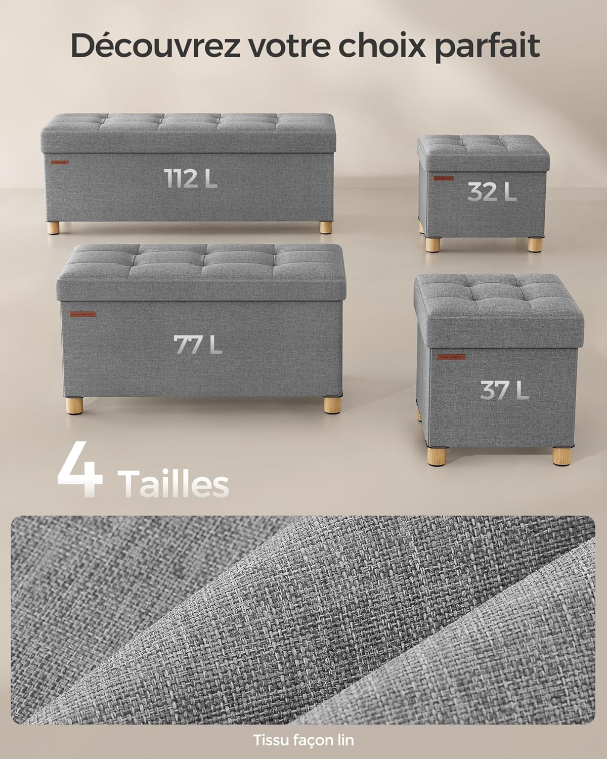 SONGMICS - pouf pliable LSF16GYX - 38x76x40 cm - capacité 300kg, rangement
