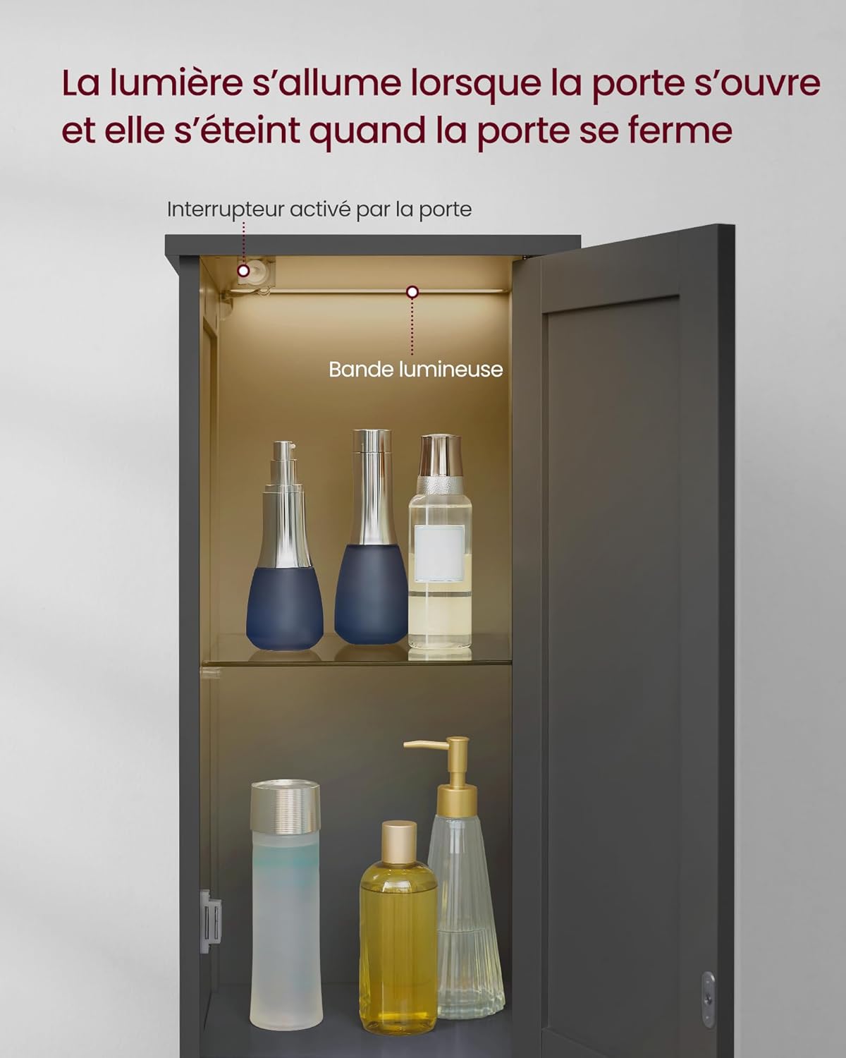 VASAGLE - armoire salle de bain haute, 30 cm, étagères réglables, éclairage, noire, BBK566BC01