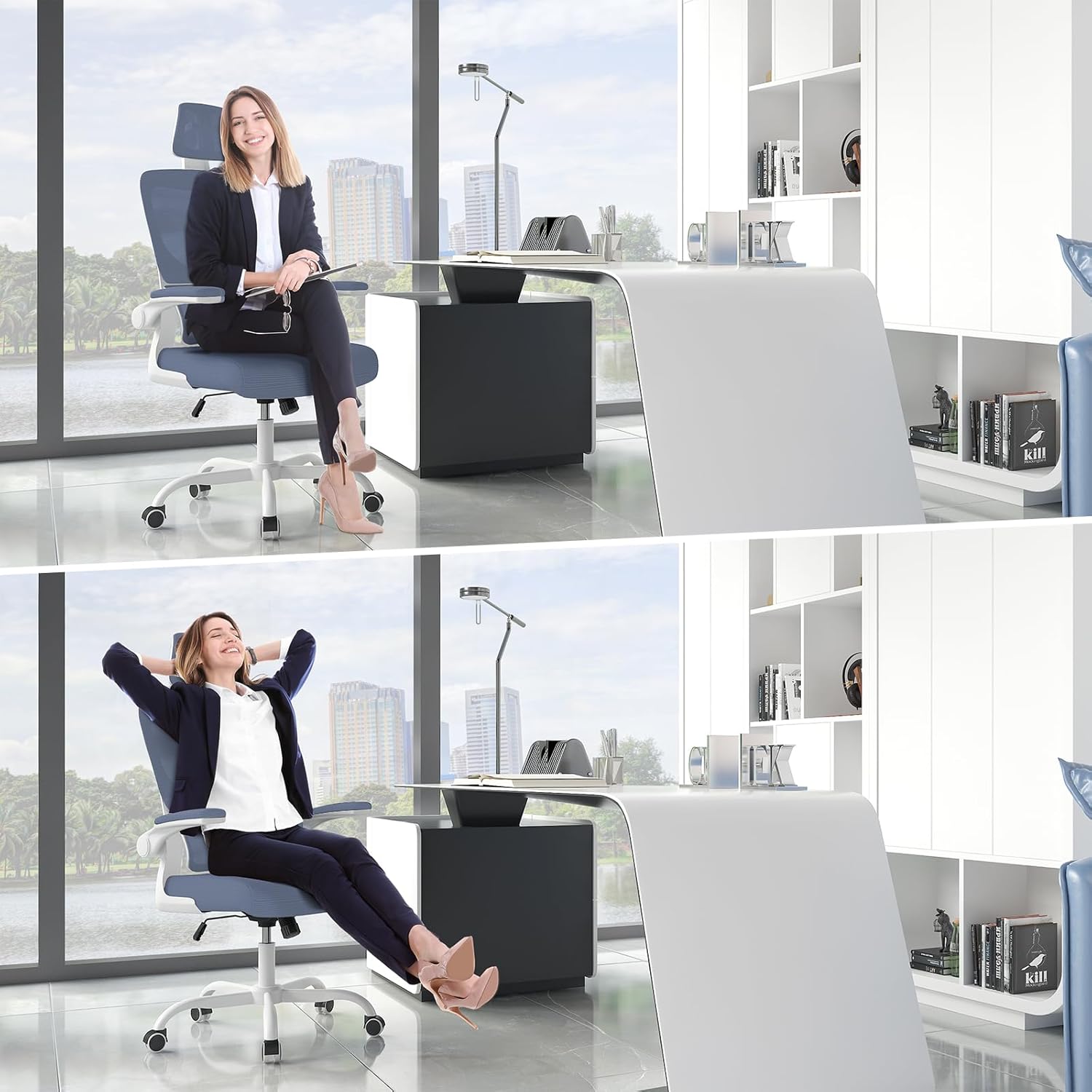 Chaise de bureau ergonomique - dossier/appui-tête réglables - support lombaire, accoudoirs réversibles, maille respirant